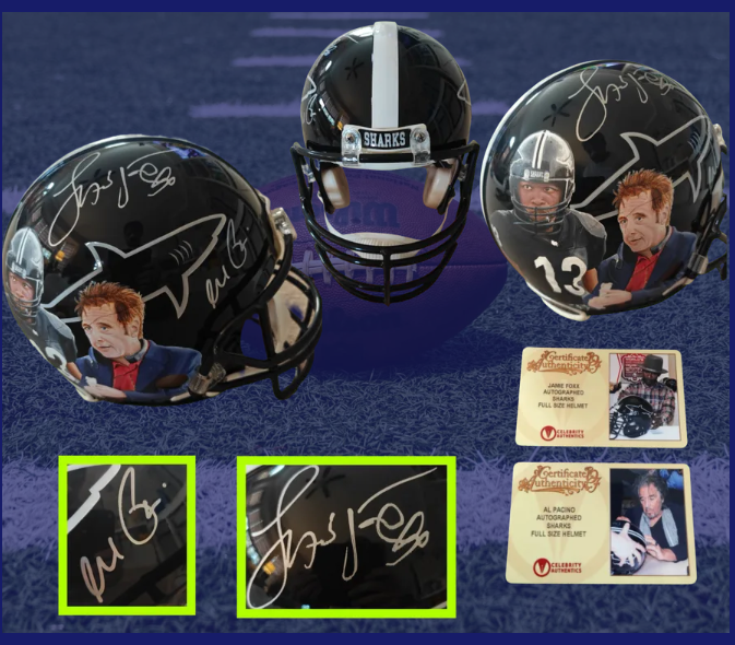 1 of 1 Al Pacino and Jamie Foxx Signed Full-Scale Shark Football Helmet - Hand Painted Scene from Any Given Sunday