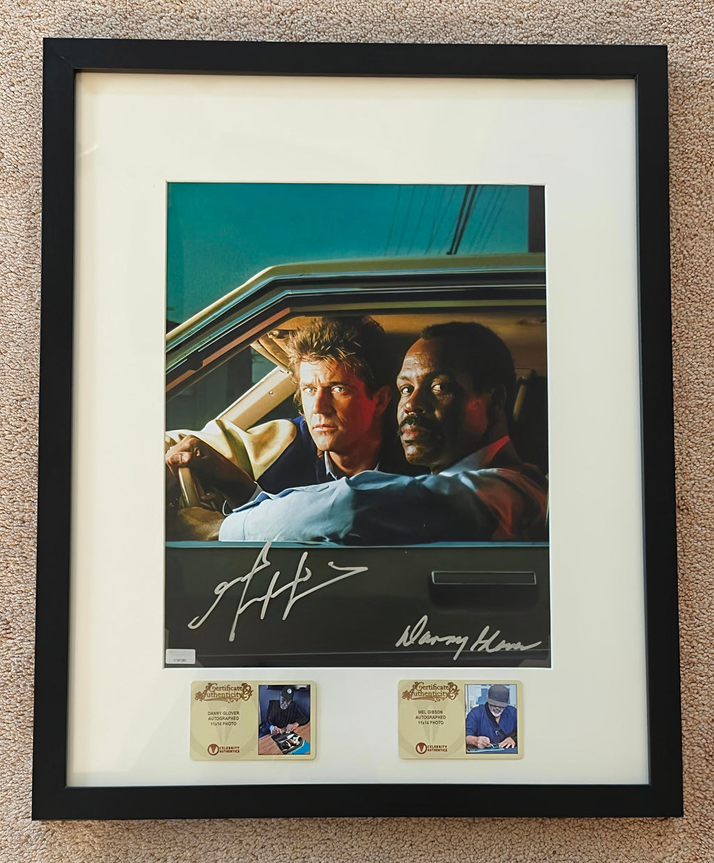 Mel Gibson and Danny Glover Signed 11x14 Lethal Weapon Movie Photo in 16x20 Gallery-Grade Frame