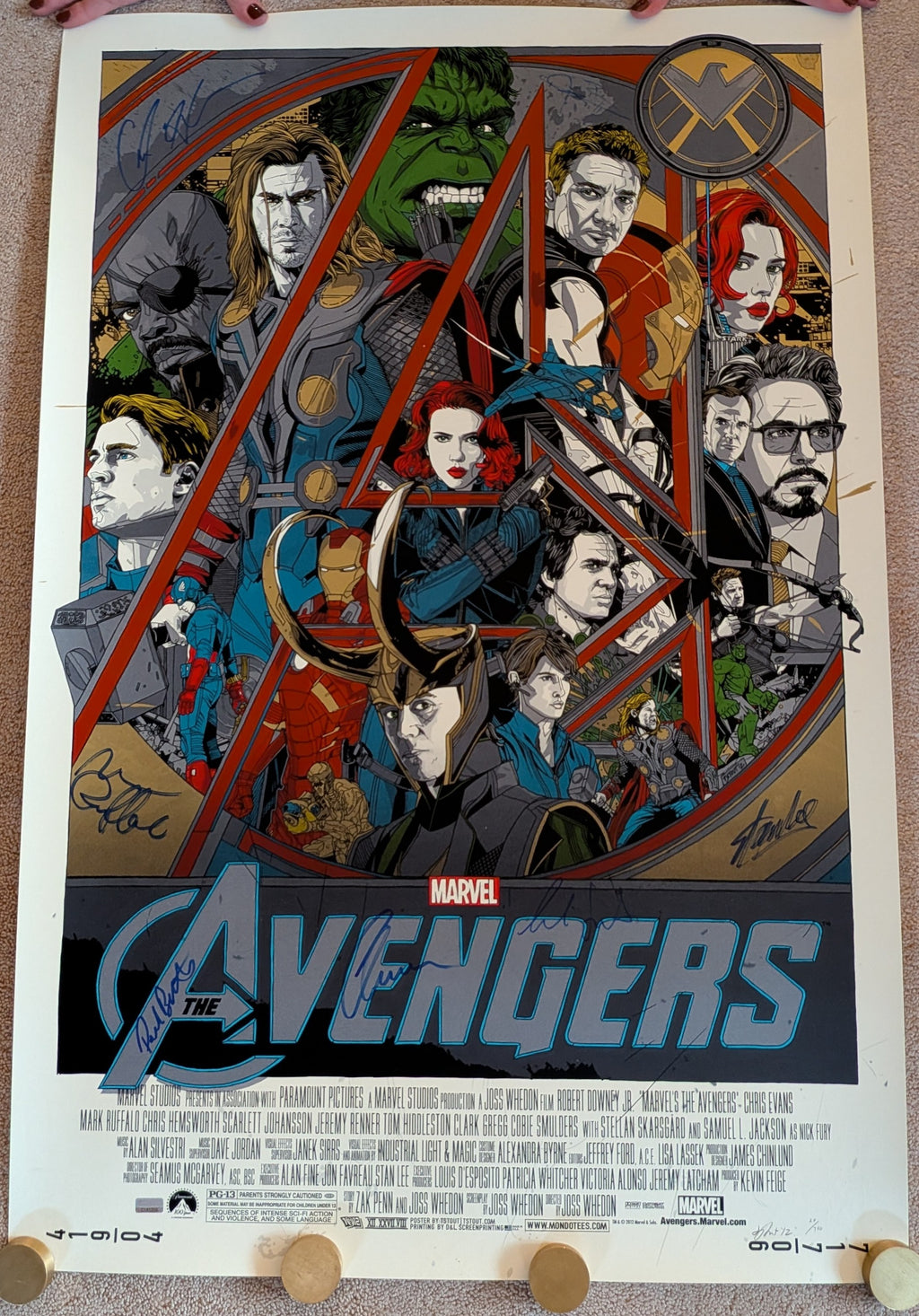 Stan Lee, Chris Evans, Chris Hemsworth, Mark Ruffalo and Cast Autographed Mondo Avengers 24x36 Ltd Edition Print
