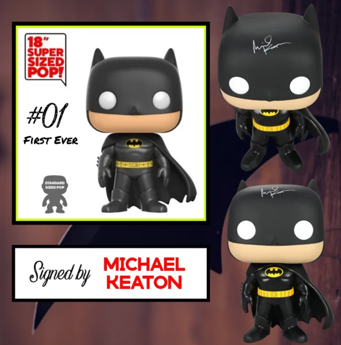 Michael Keaton Signed 18in Mega Size Batman Funko Pop #01 - Funko's First Ever Mega Size Pop!