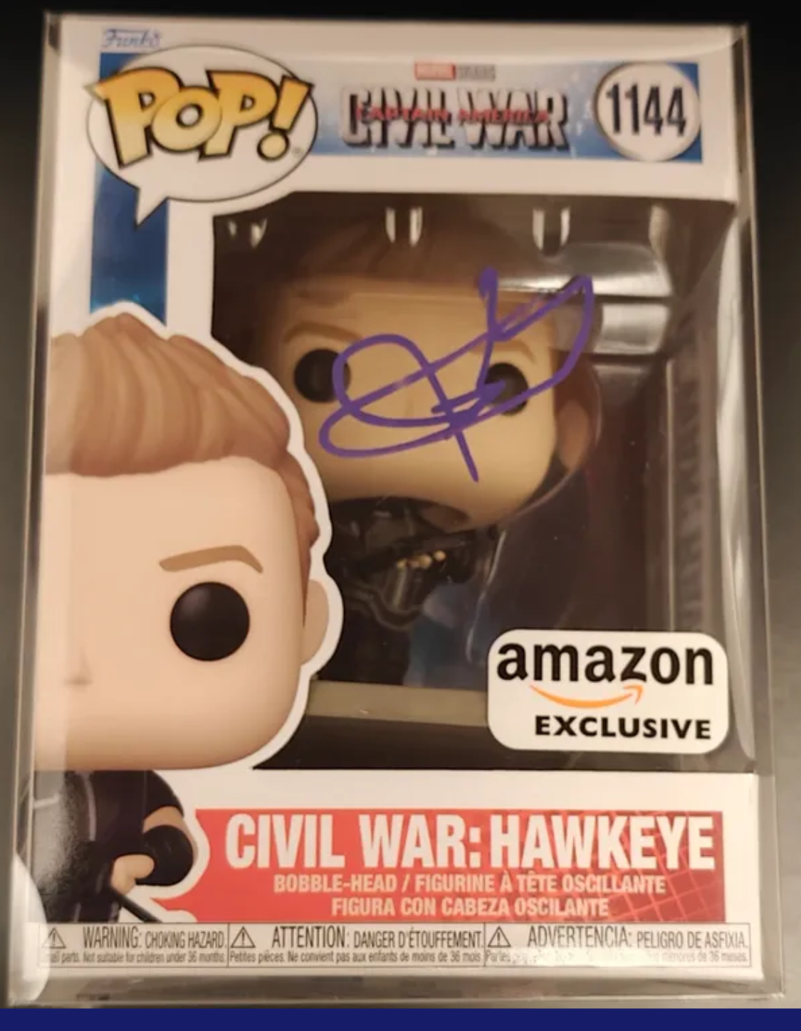 Jeremy Renner Signed Hawkeye Captain America: Civil War Funko Pop #1144 - Amazon Exclusive