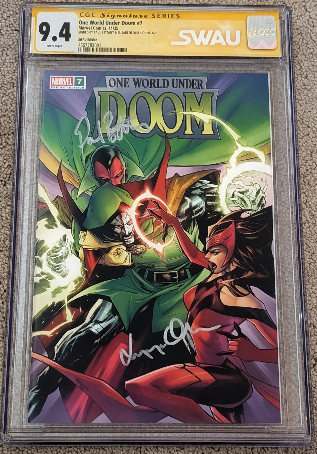 Paul Bettany & Elizabeth Olsen Signed One World Under Doom #7 — LA Comic Con SWAU Exclusive (CGC SS 9.4)