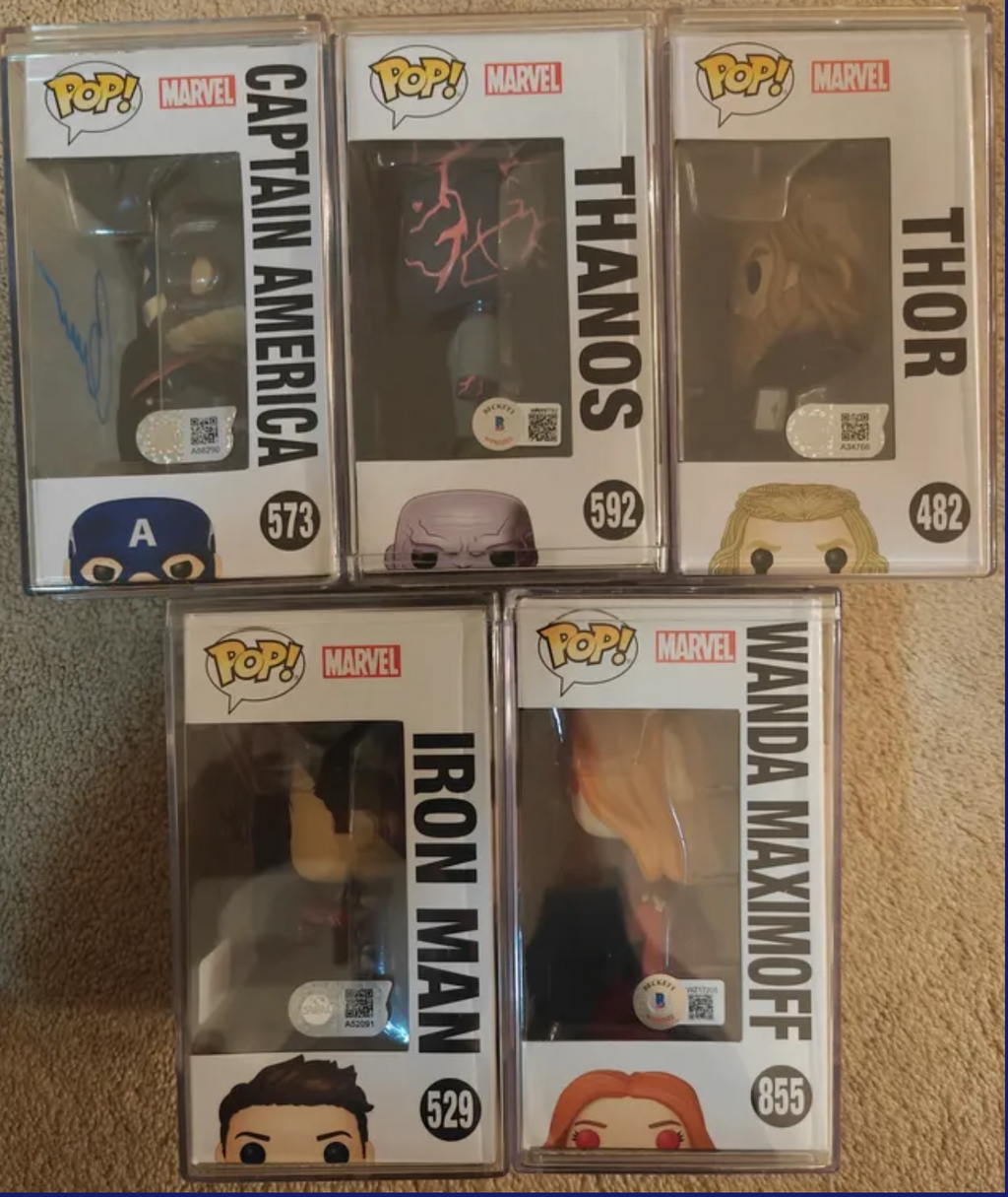 6x Downey Jr Brolin Hemsworth Evans + 2 Signed Marvel Avengers Endgame Funko Pop Set