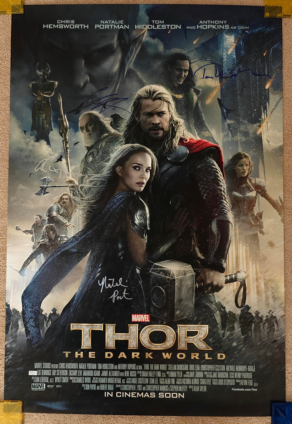 Portman, Hopkins, Hemsworth, Hiddleston 4x Signed Thor: Dark World Original Double-Sided Poster