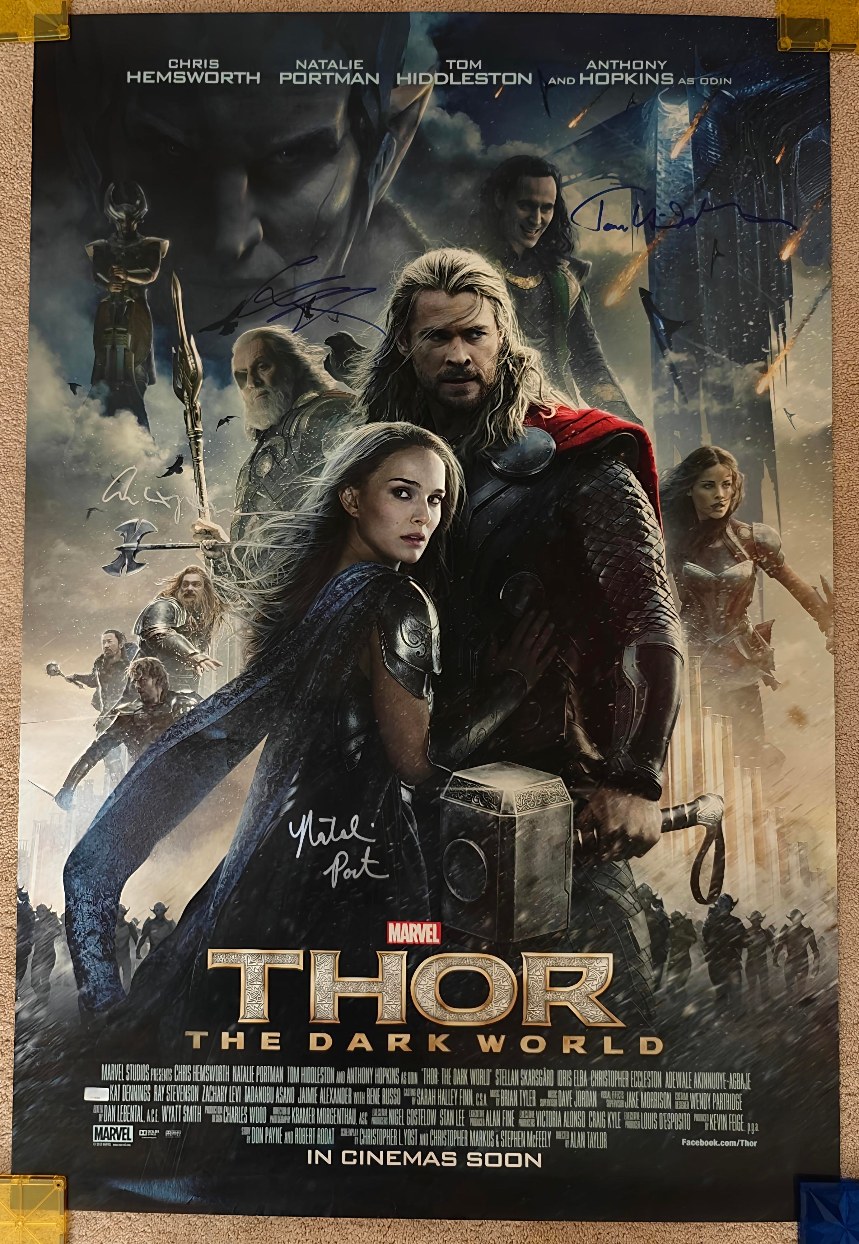 Portman, Hopkins, Hemsworth, Hiddleston 4x Signed Thor: Dark World Original Double-Sided Poster