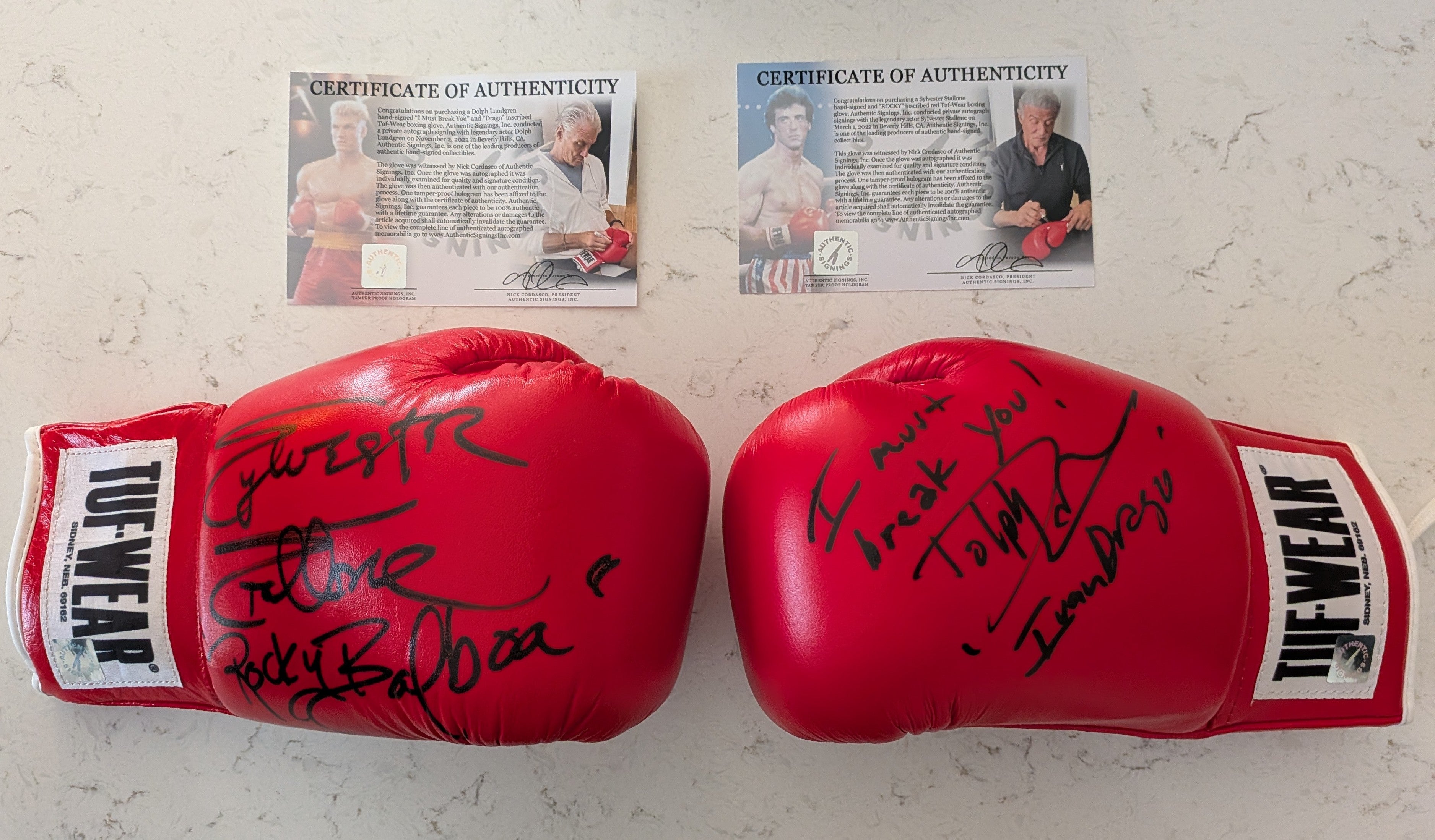 Sylvester Stallone & Dolph Lundgren Dual-Signed TUF Wear Boxing Gloves – “Rocky Balboa” & “Ivan Drago” Inscribed w/ “I Must Break You” Quote | ASI COA