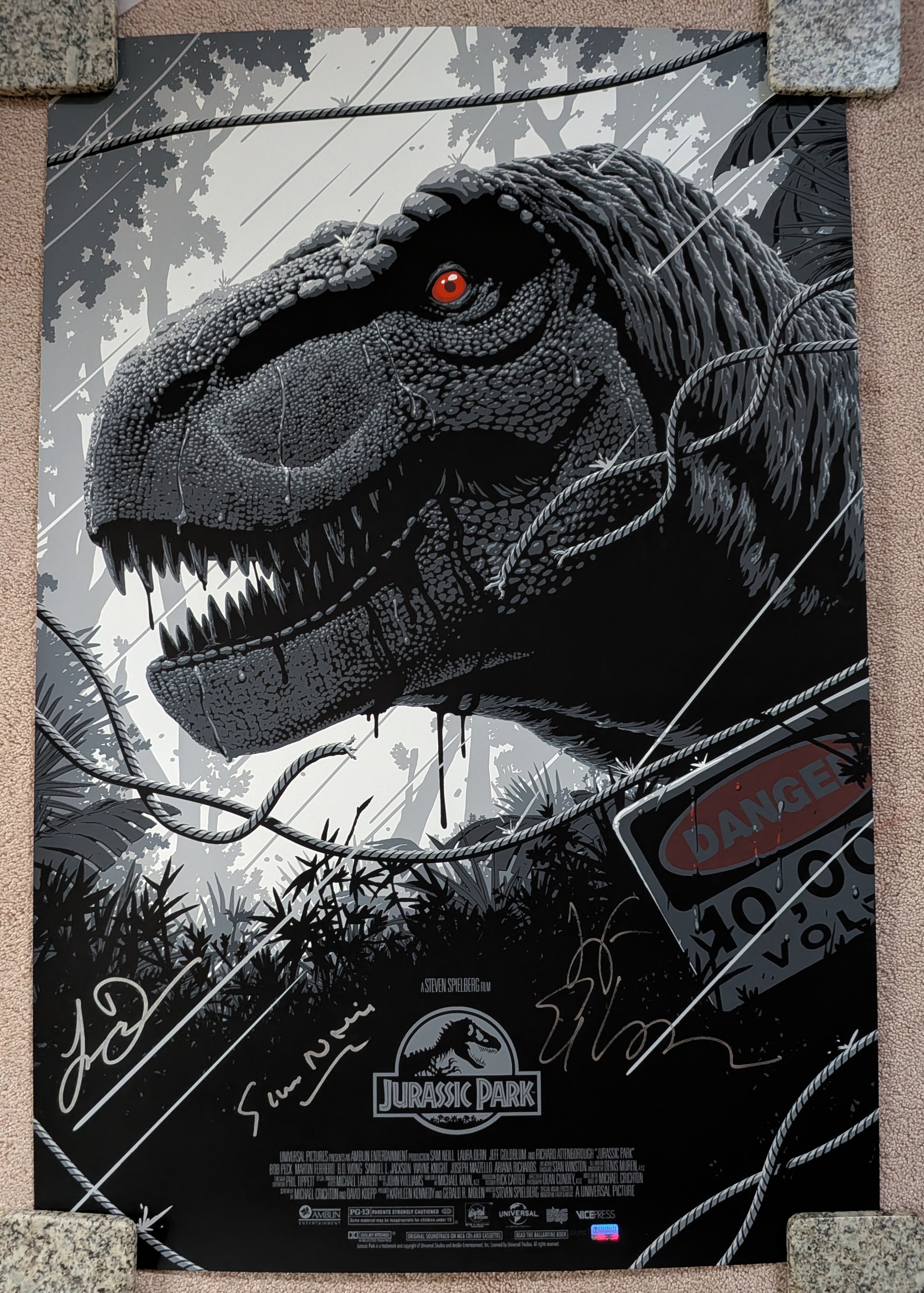 Sam Neill, Jeff Goldblum, Laura Dern Signed Jurassic Park "T-Rex doesn't want to be fed, he wants to hunt" 24x36 Gray Variant Print - Only 2 Signed!