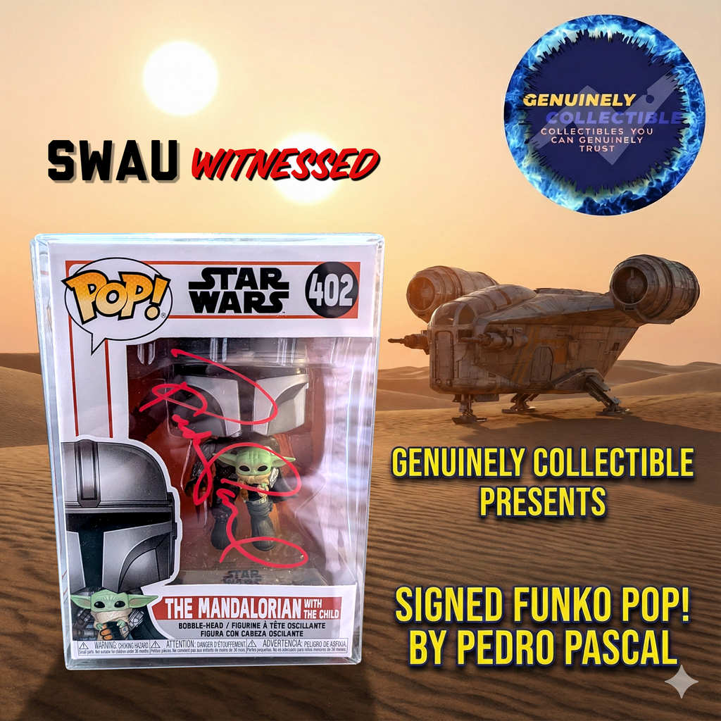 Pedro Pascal Signed Star Wars The Mandalorian with The Child Funko Pop #402 – SWAU Witnessed (Sold Out Red Ink)