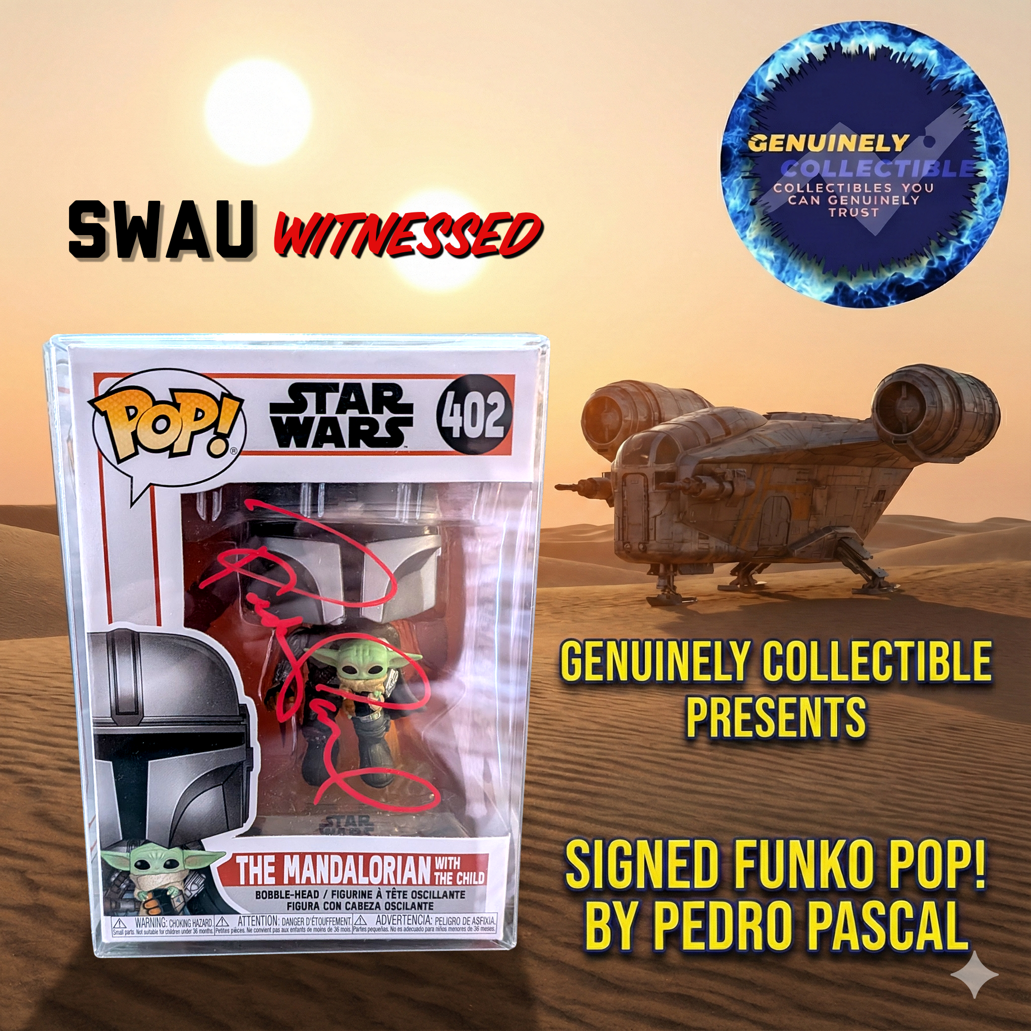 Pedro Pascal Signed Star Wars The Mandalorian with The Child Funko Pop #402 – SWAU Witnessed (Sold Out Red Ink)