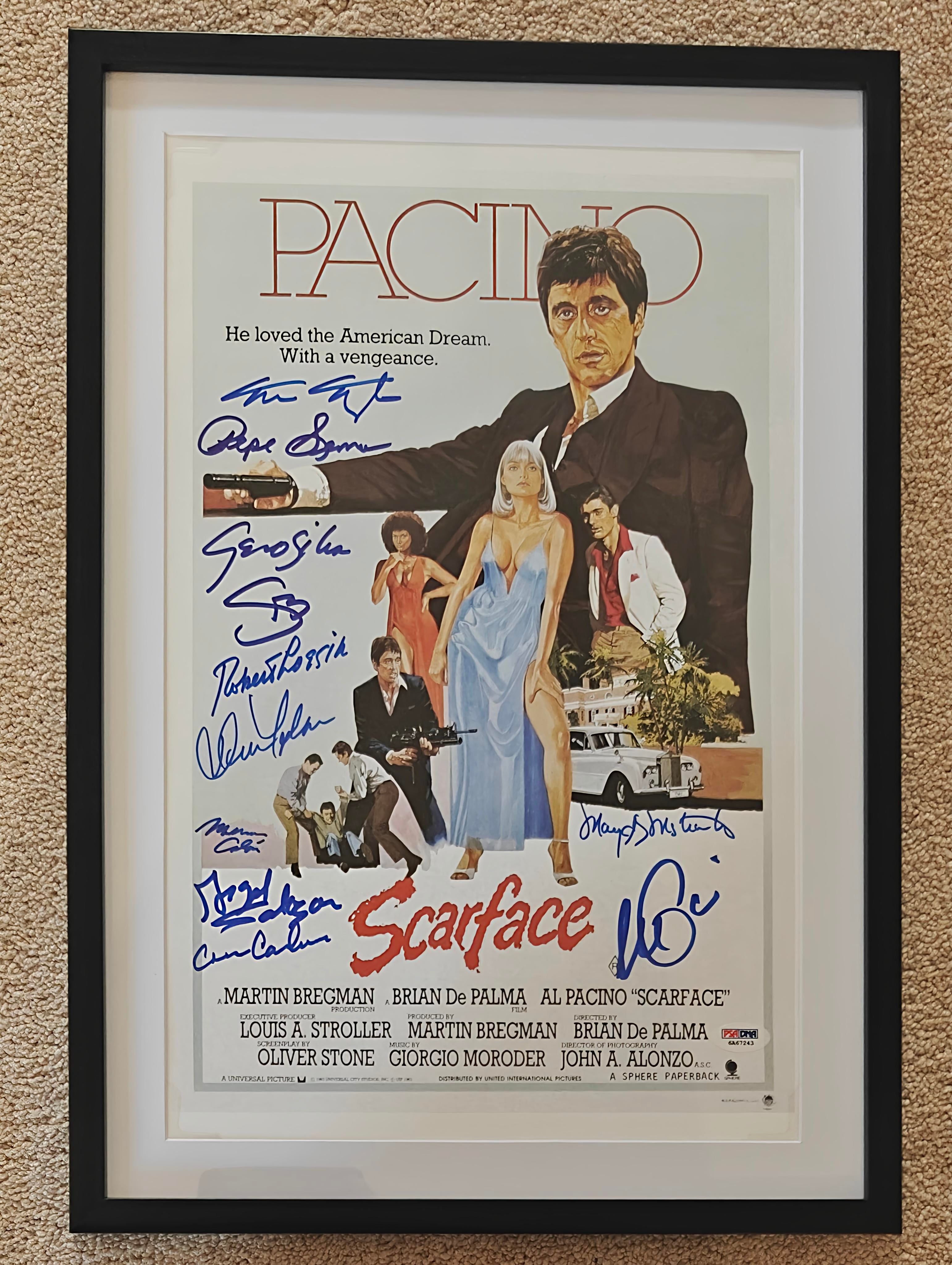 Al Pacino, Steven Bauer, +9 Cast Signed 11x17 Scarface Mini-Poster (Australian Variant) in 13x19 Matted Frame