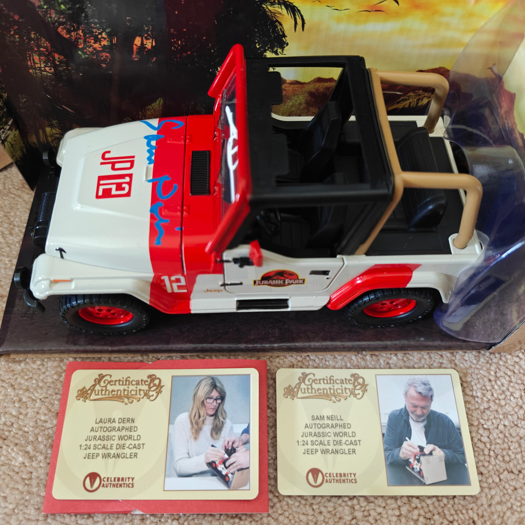 Laura Dern & Sam Neill Signed Jurassic Park Die-Cast Jeep – 1:24 Scale | Celebrity Authentics Certified