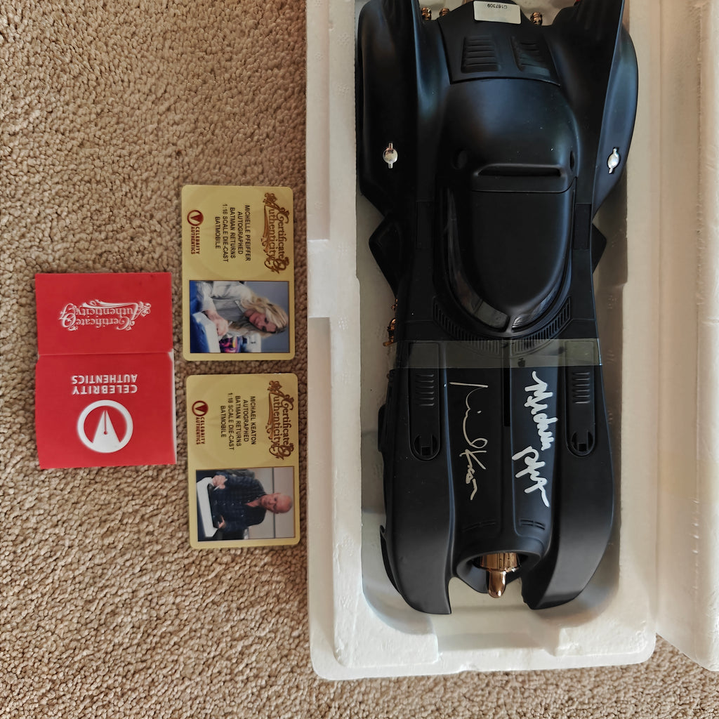 Keaton and Pfeiffer Dual-Signed Hot Wheels Elite Die-cast 1:18 Batman Returns Batmobile