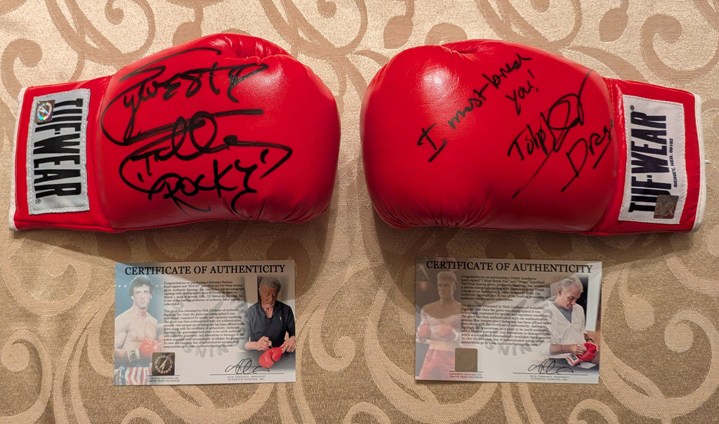 Sylvester Stallone & Dolph Lundgren Dual-Signed Rocky TUF-WEAR Boxing Gloves – "Rocky" & "Drago" Inscribed | ASI Authenticated