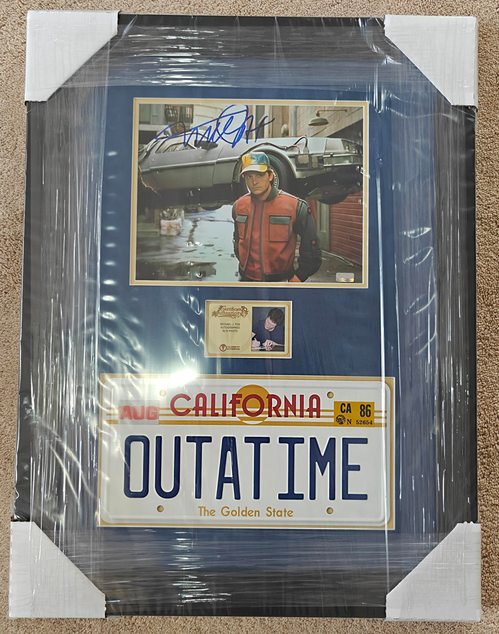 Michael J. Fox Signed 8x10 Back to the Future Photo in 19x25 Studio-Grade Frame w. Replica License Plate