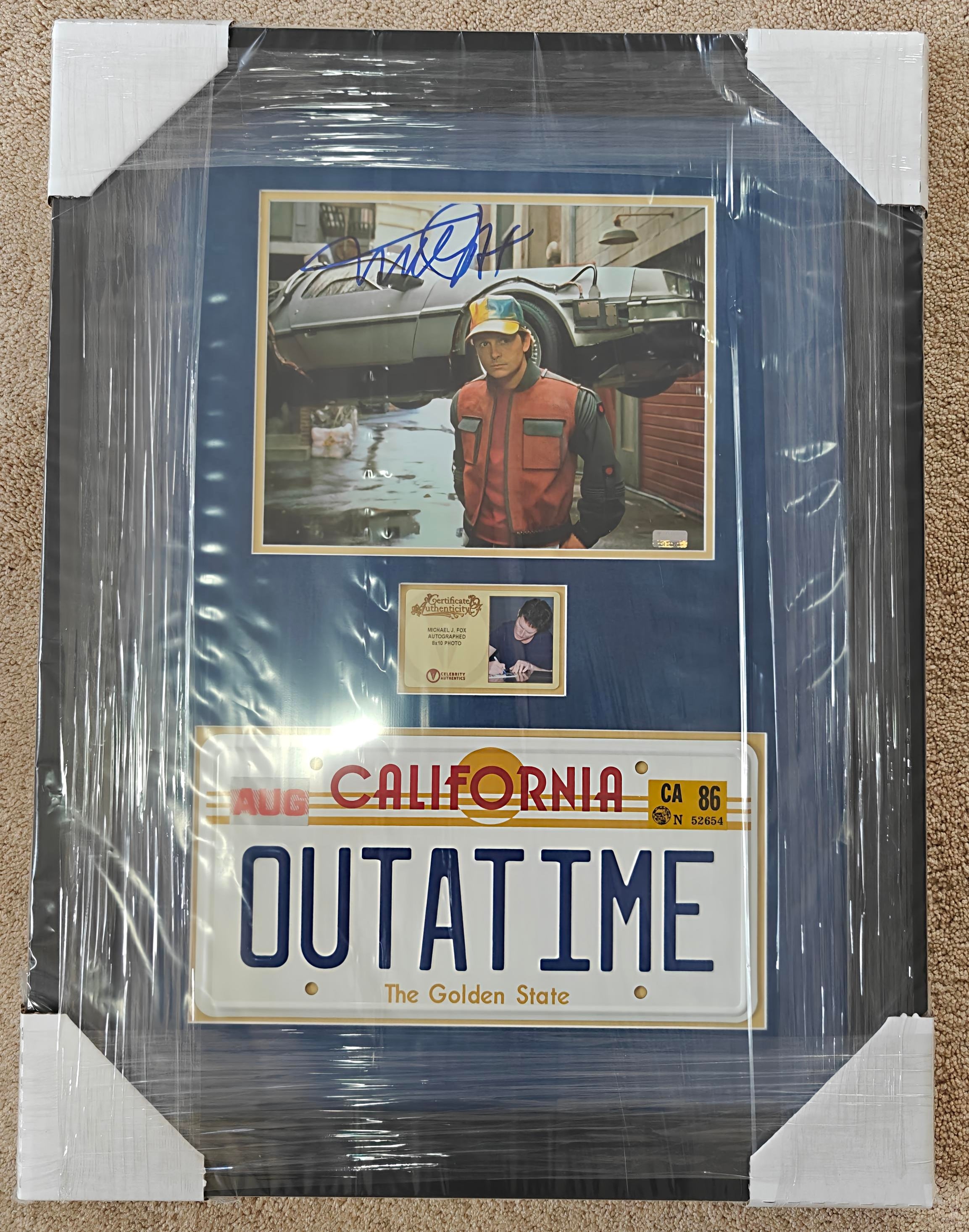 Michael J. Fox Signed 8x10 Back to the Future Photo in 19x25 Studio-Grade Frame w. Replica License Plate