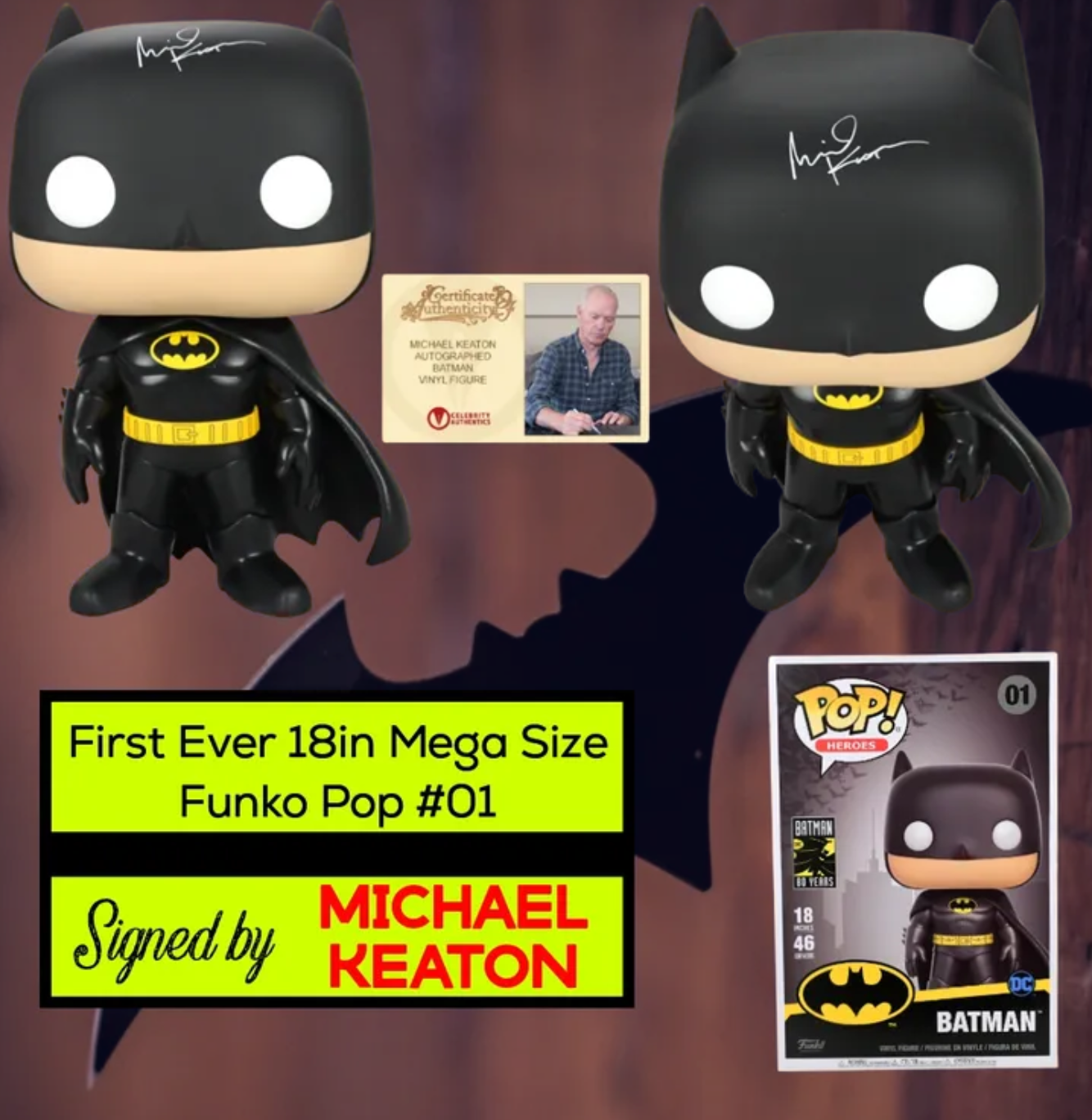 Michael Keaton Signed 18in Mega Size Batman Funko Pop #01 - Funko's First Ever Mega Size Pop!