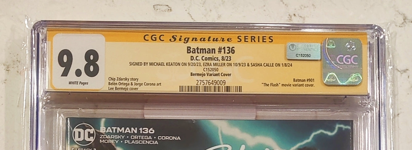 Michael Keaton, Ezra Miller, Sasha Calle Signed 2023 Batman #136 Lee Bermejo The Flash Movie Variant Cover CGC SS 9.8
