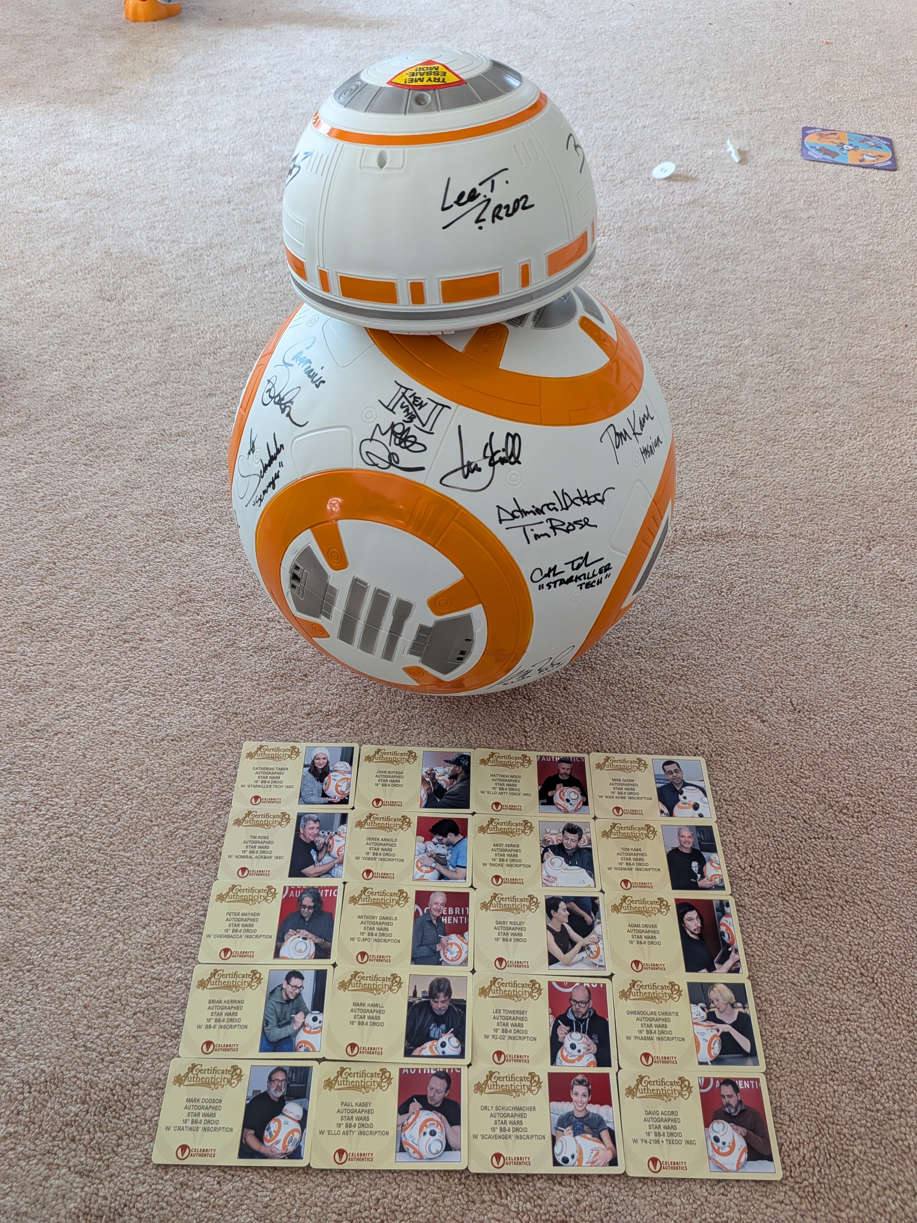 Hamill, Ridley, Boyega, Daniels, Mayhew, Driver +14 Cast Signed Star Wars: The Force Awakens 1:1 BB-8 Droid Replica