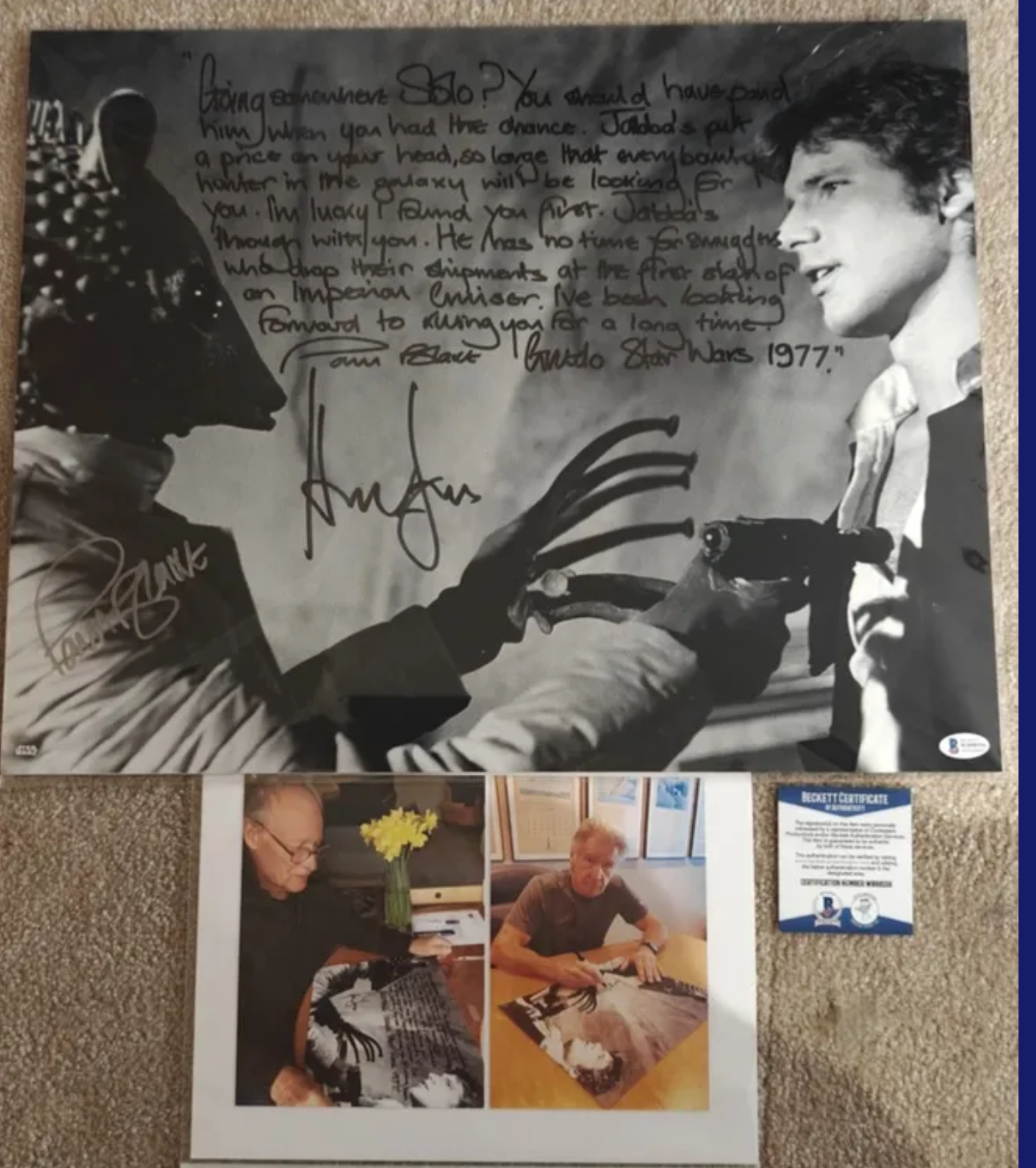Harrison Ford as Han Solo & Paul Blake as Greedo Signed and Inscripted 16x20 Photo from Star Wars: A New Hope