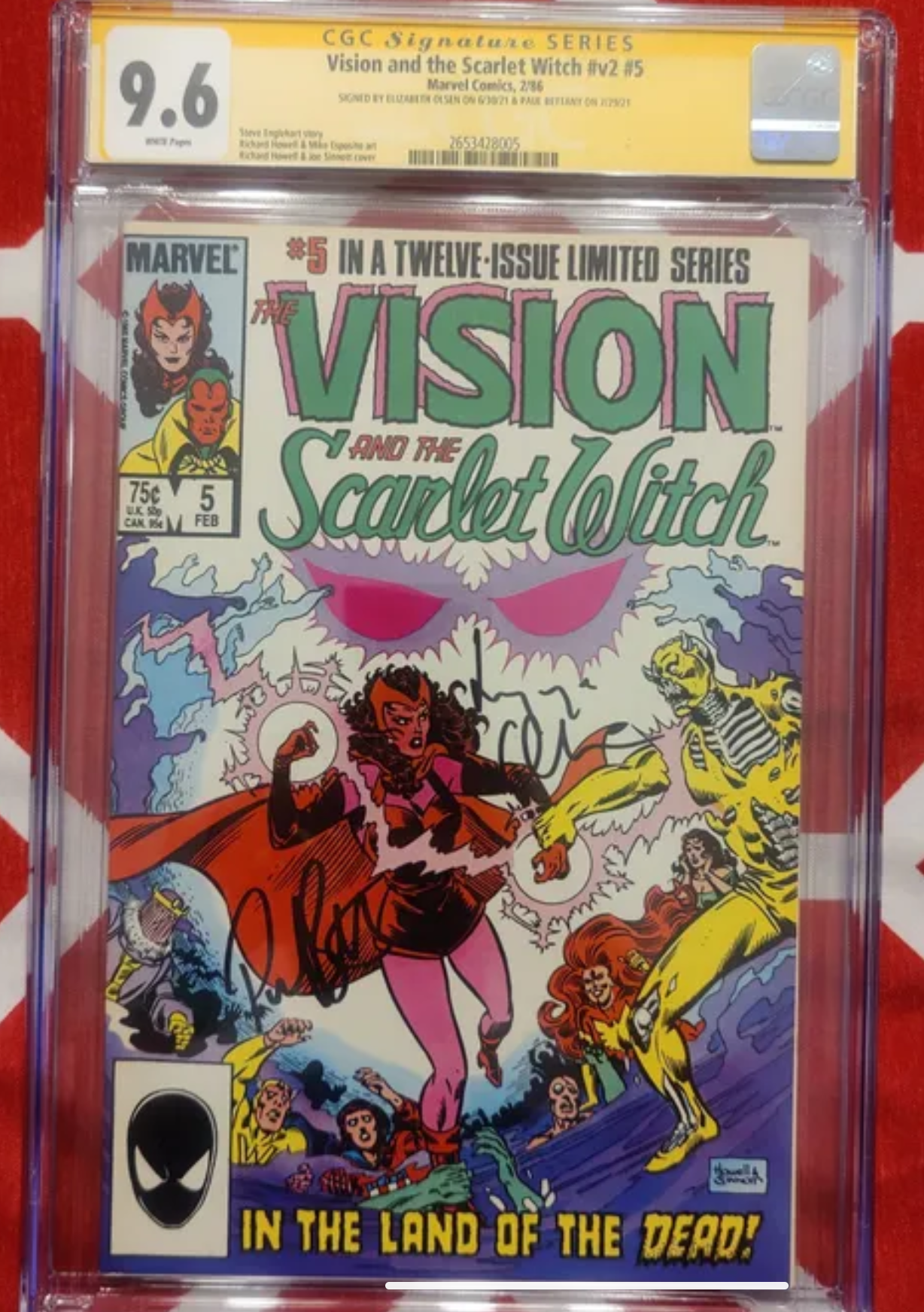 Elizabeth Olsen and Paul Bettany Dual-signed CGC Signature Series Graded 9.6 Marvel Avengers #5 (1986)