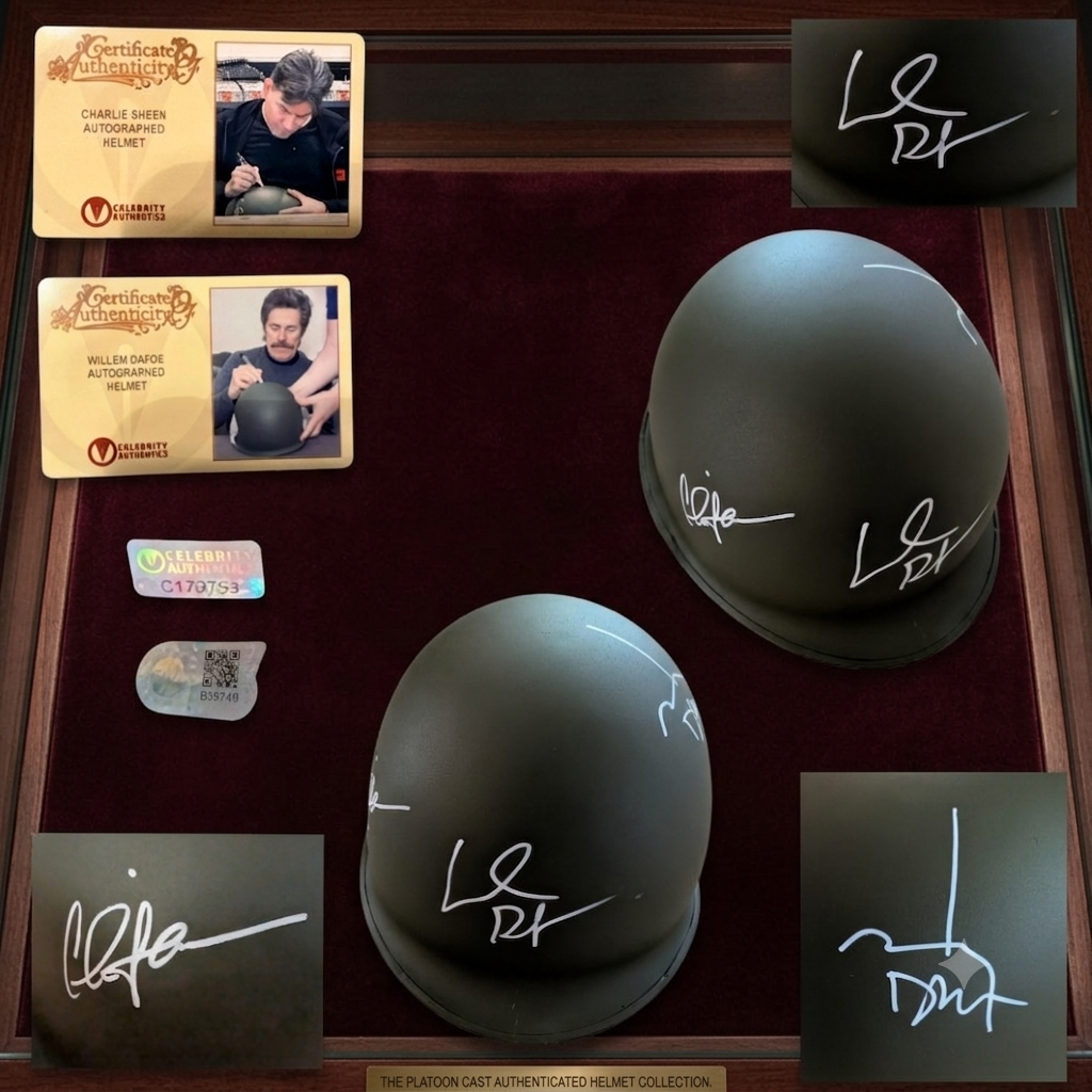 Willem Dafoe, Johnny Depp, Charlie Sheen Multi-Signed Authentic M1 Army Steel Helmet Prop Replica – Platoon (1986) | Celebrity Authentics & SWAU