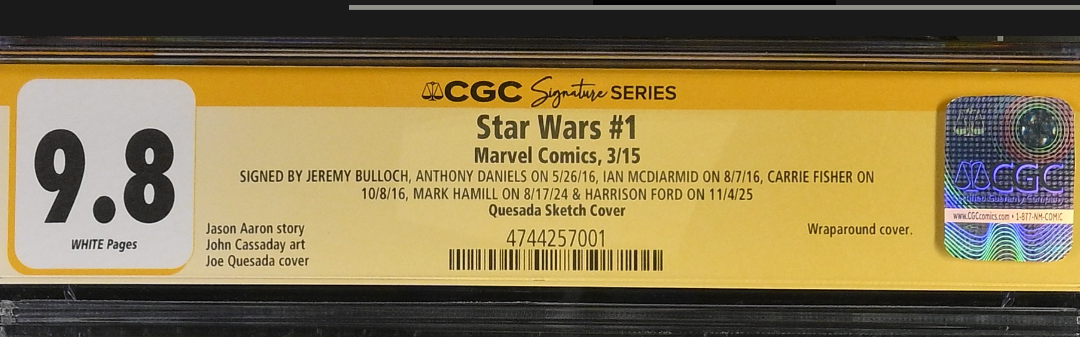 Ford, Hamill, Fisher +3 Cast-Signed Star Wars #1, (2015) Quesada Sketch CGC 9.8 Signature Series 1:500 Ratio (Rare)