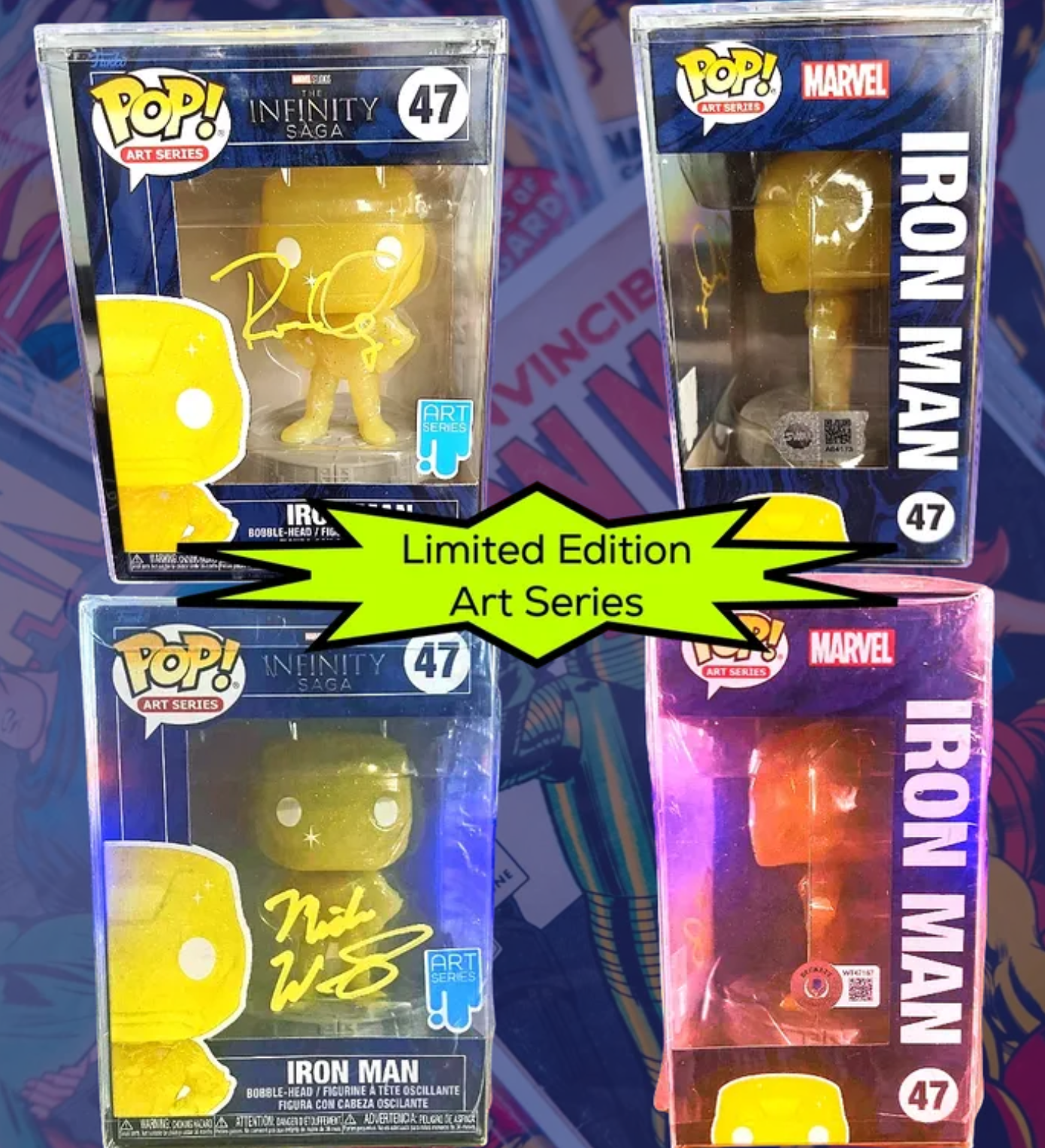 2x Funko Pop Set Marvel Art Series Avengers IRON MAN #47 Signed by Mick Wingert and Robert Downey Jr (Beckett and SWAU authenticated)