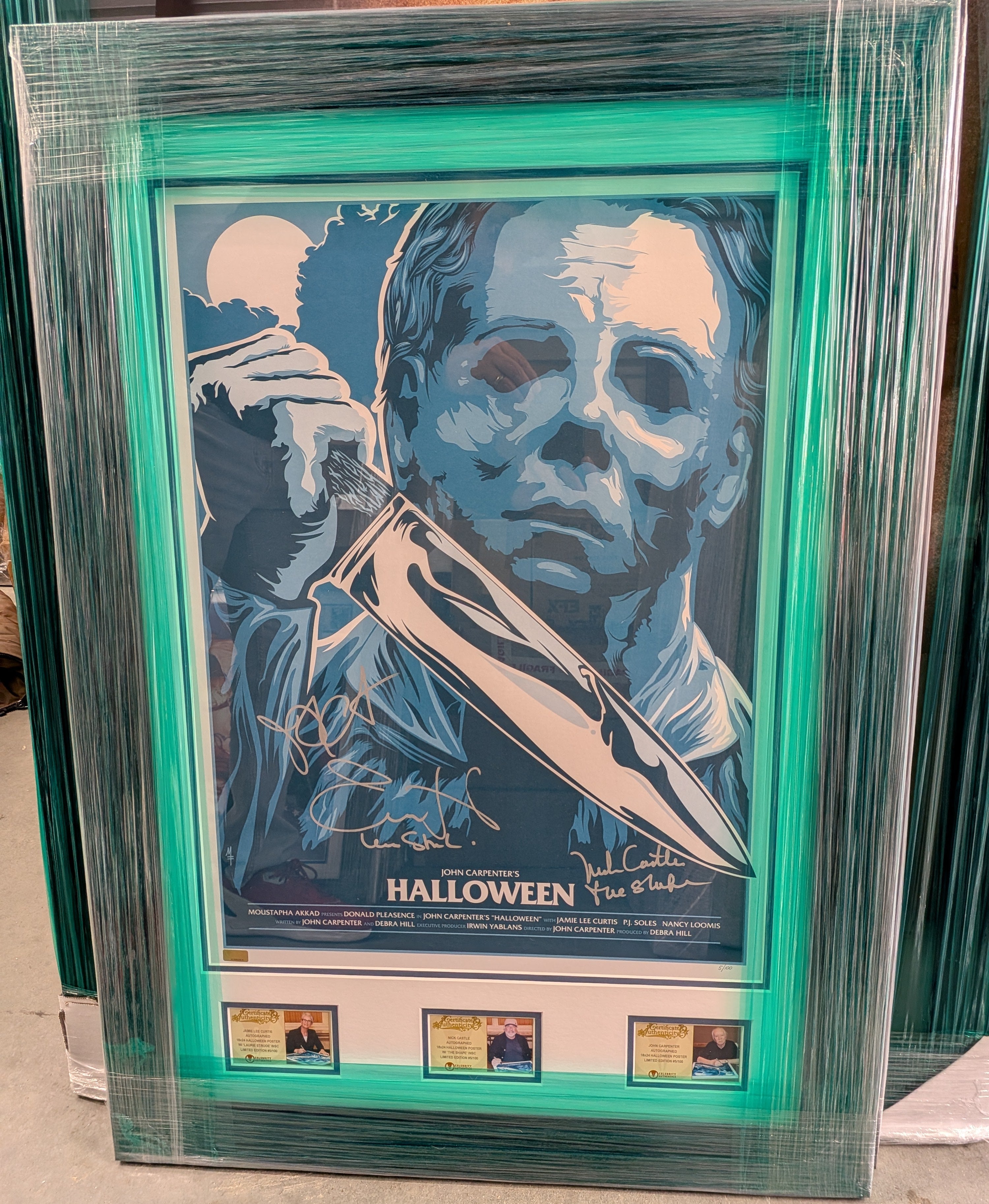 Jamie Lee Curtis, Nick Castle and John Carpenter Autographed 18x24 Halloween Silver Screen Edition Print - #5/100 Worldwide