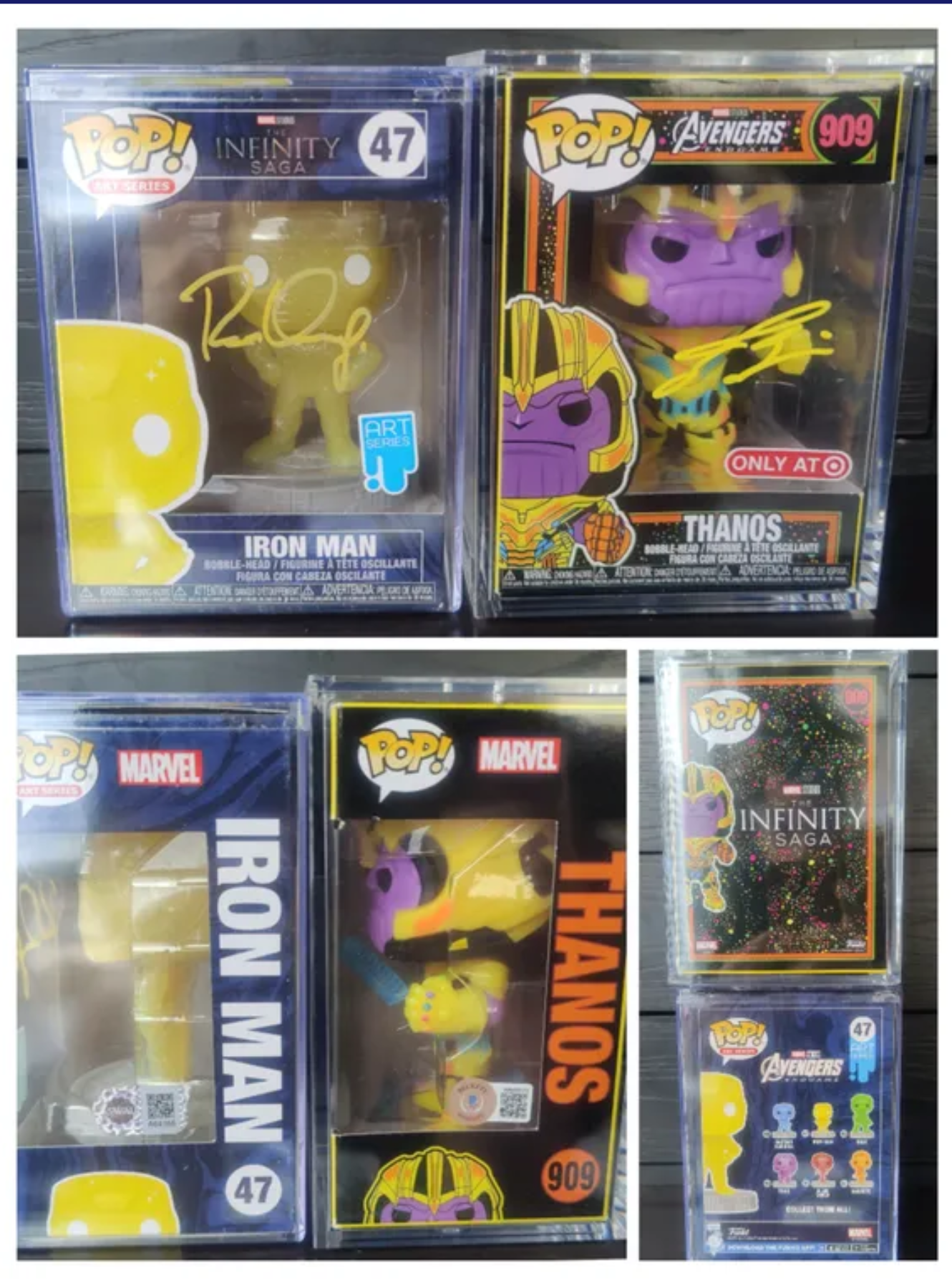 Robert Downey Jr & Josh Brolin Signed Funko Pops Iron Man #47 and Thanos #909 SWAU and Beckett Authenticated - Marvel Avengers