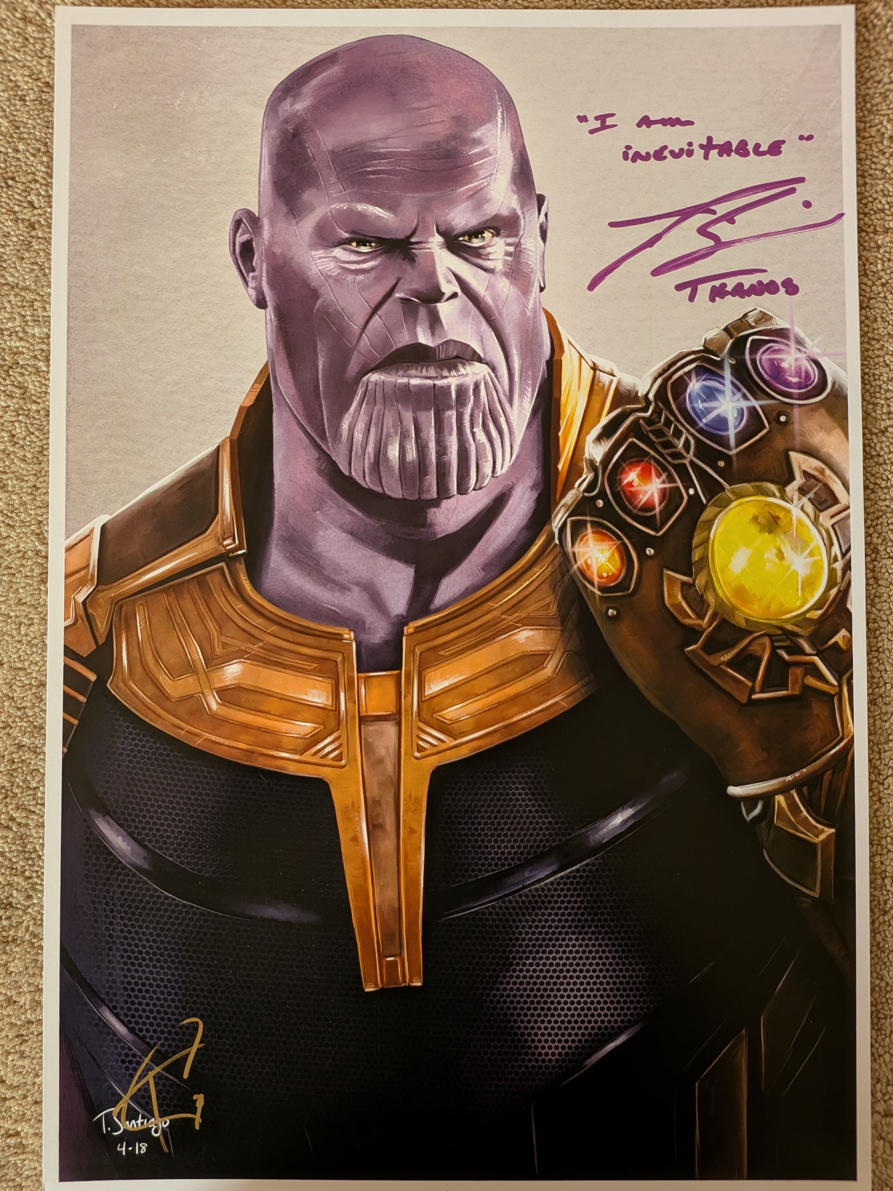 Josh Brolin Signed Thanos 13x19 Art Print by Tony Santiago – “I Am Inevitable” Quote & Character Name | JSA Authenticated Marvel Collectible