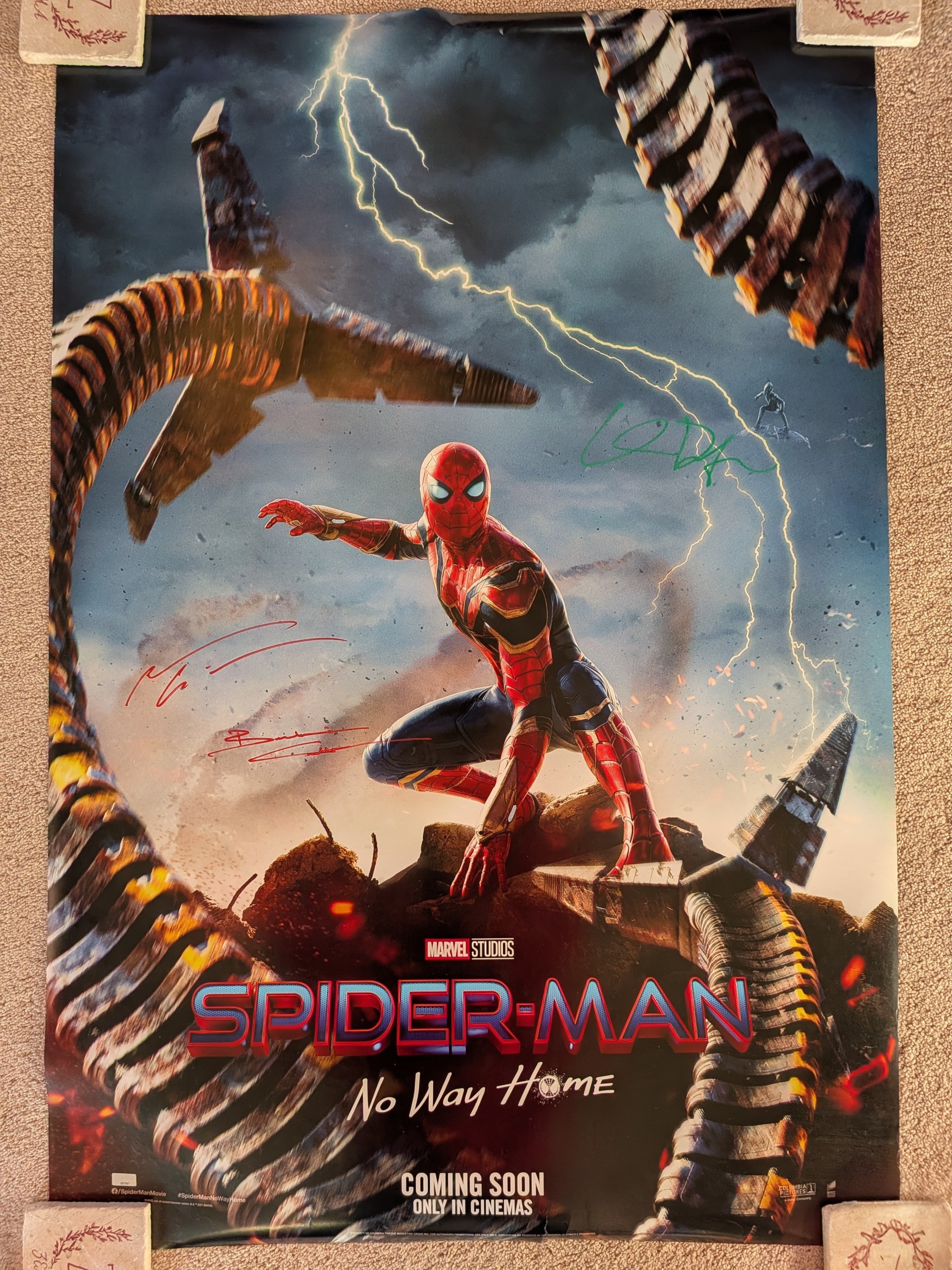 Original DS 27x40 Spider-Man: No Way Home Poster Signed by Benedict Cumberbatch, Andrew Garfield & Willem Dafoe