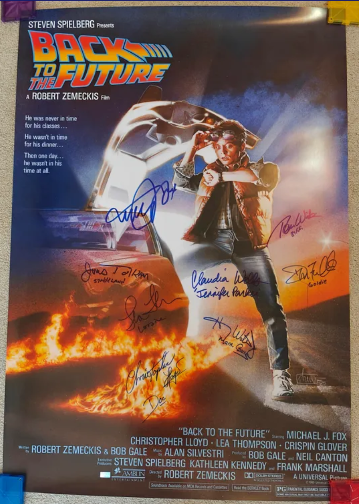Michael J. Fox, Christopher Lloyd, James Tolkan, Plus 5 Cast Signed 27x39 Back to the Future Movie Poster