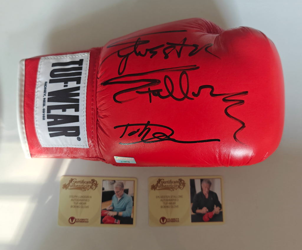 Sylvester Stallone, Dolph Lundgren, Talia Shire Signed Rocky TUF-WEAR Boxing Gloves
