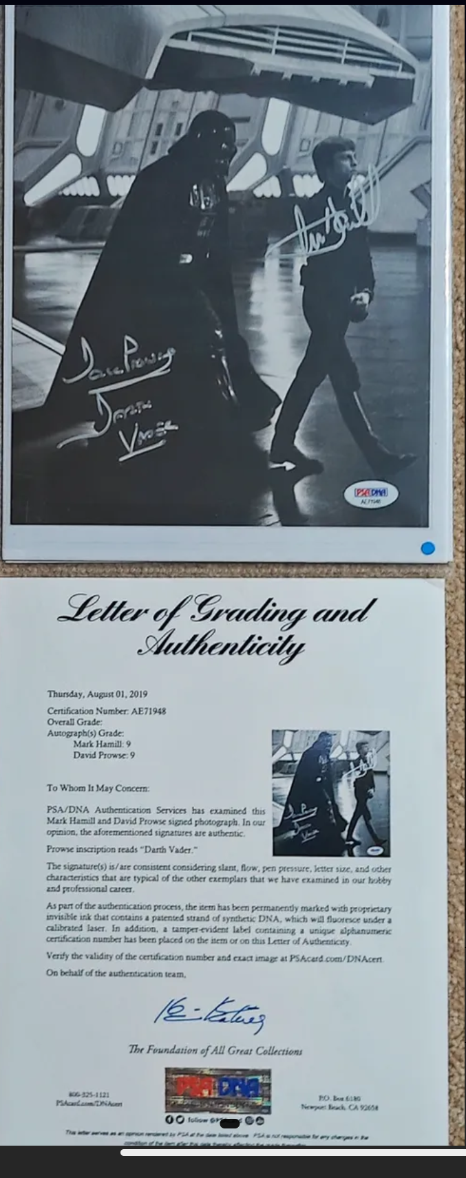 Mark Hamill & David Prowse Signed Star Wars Darth Vader and Luke Skywalker 8x10 Photo