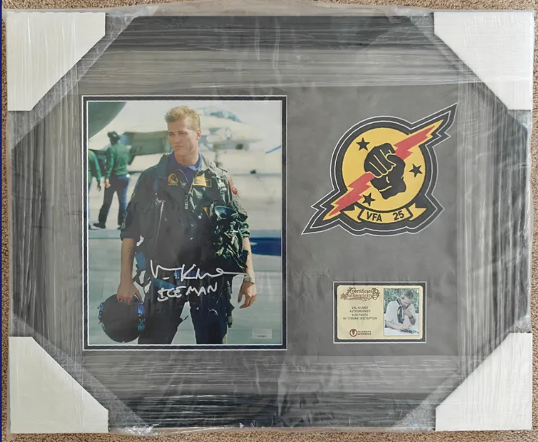 Val Kilmer Signed Top Gun Iceman 8x10 with Jumpsuit Patch in 14x18 Studio-Grade Frame