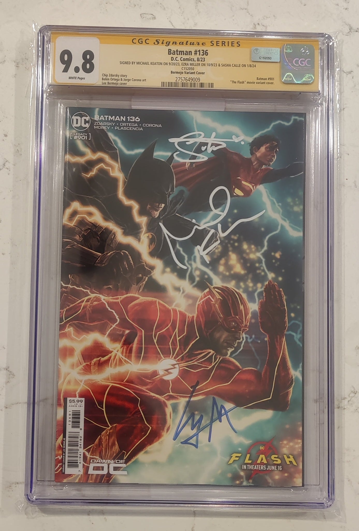 Michael Keaton, Ezra Miller, Sasha Calle Signed 2023 Batman #136 Lee Bermejo The Flash Movie Variant Cover CGC SS 9.8