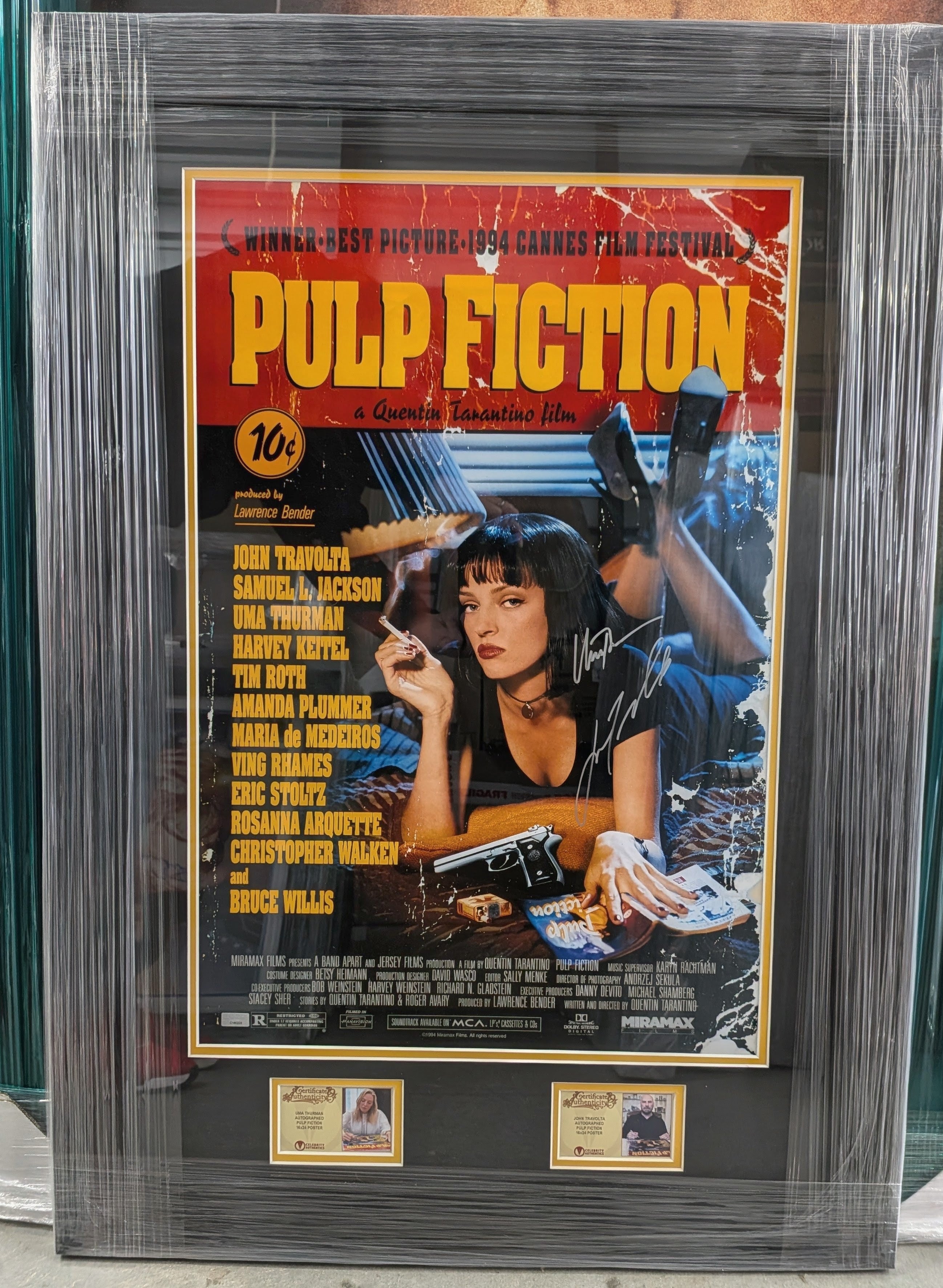 John Travolta & Uma Thurman Signed 16x24 Pulp Fiction Poster in Studio-grade Frame