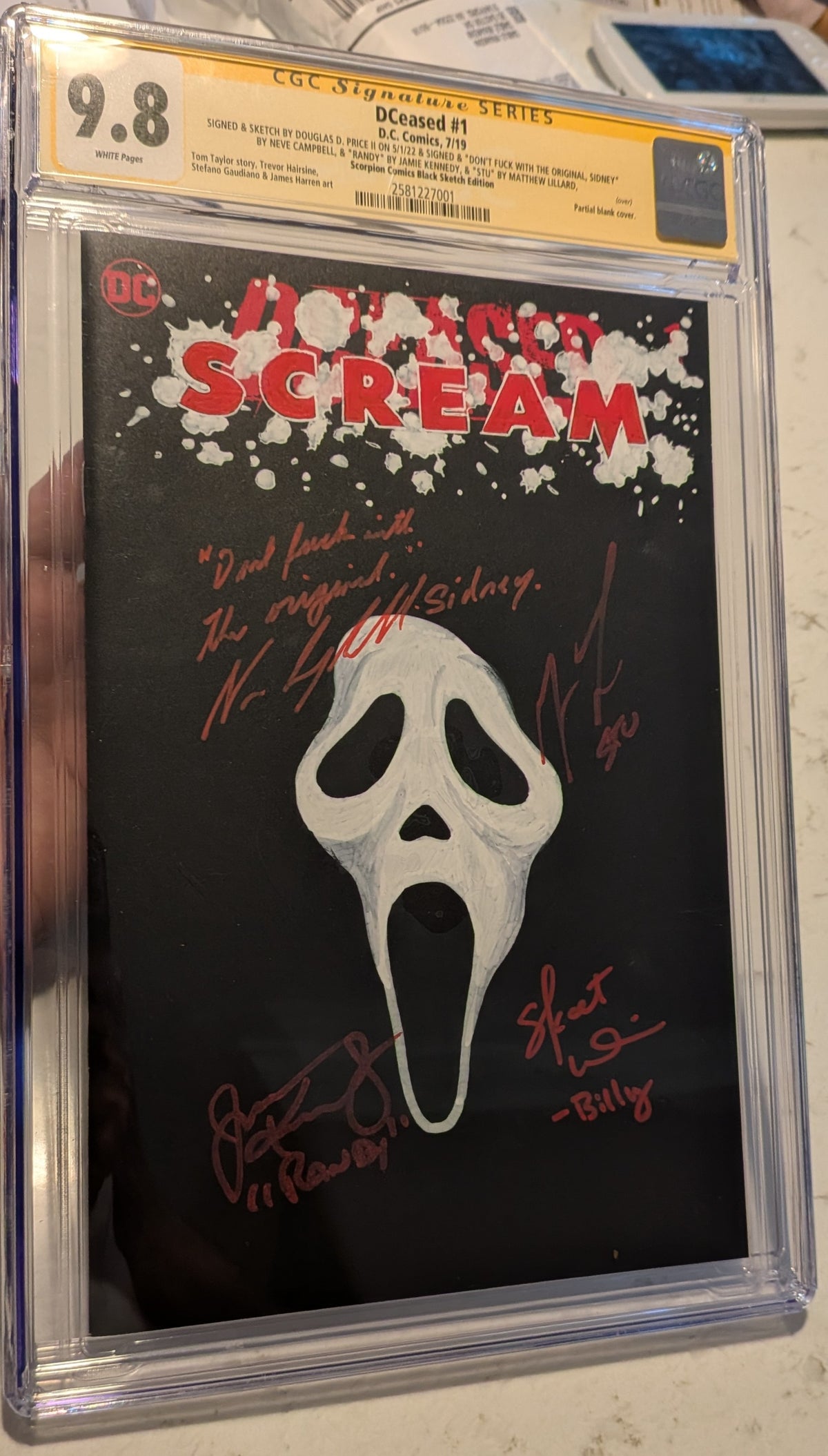 DCeased #1 Custom Scream Ghostface Original Sketch Cover CGC 9.8 Signature Series | Neve Campbell, Skeet Ulrich, Matthew Lillard & Jamie Kennedy 1 of 1