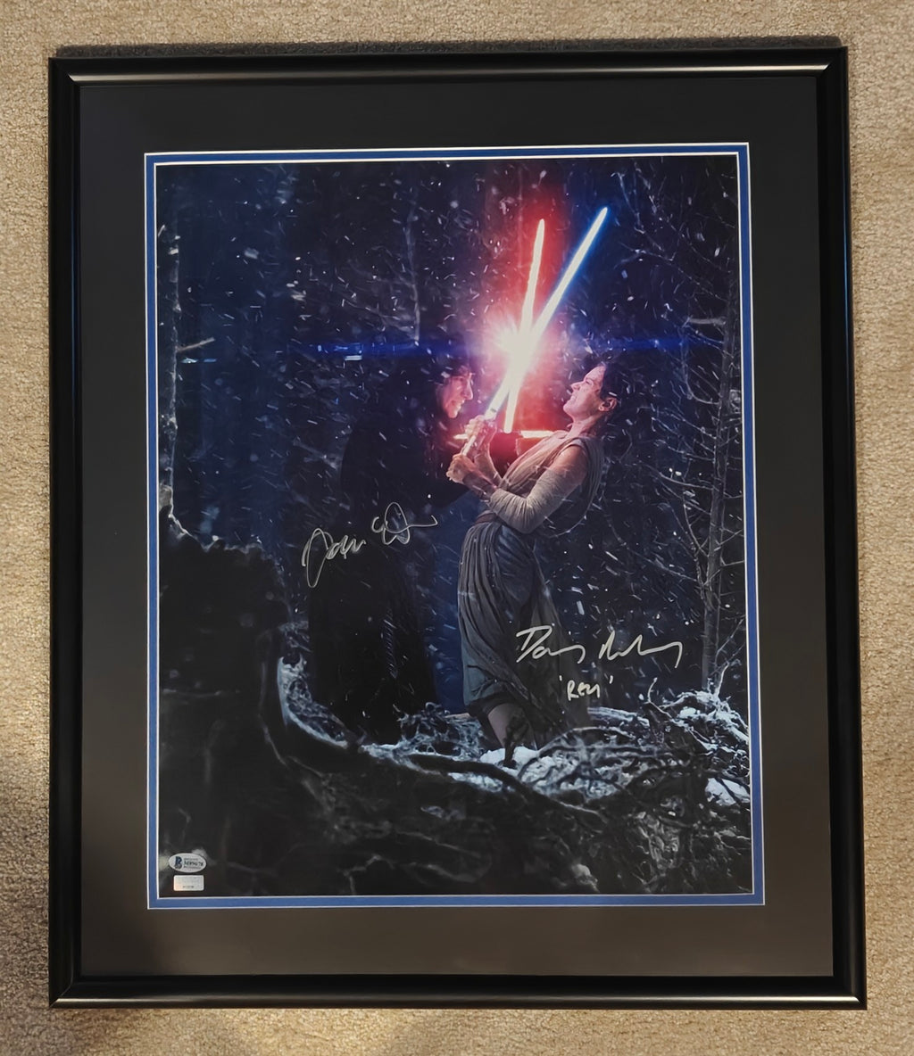Daisy Ridley & Adam Driver Signed Kylo Ren vs. Rey 16x20 Star Wars Photo in 20x24 Studio-Grade Frame