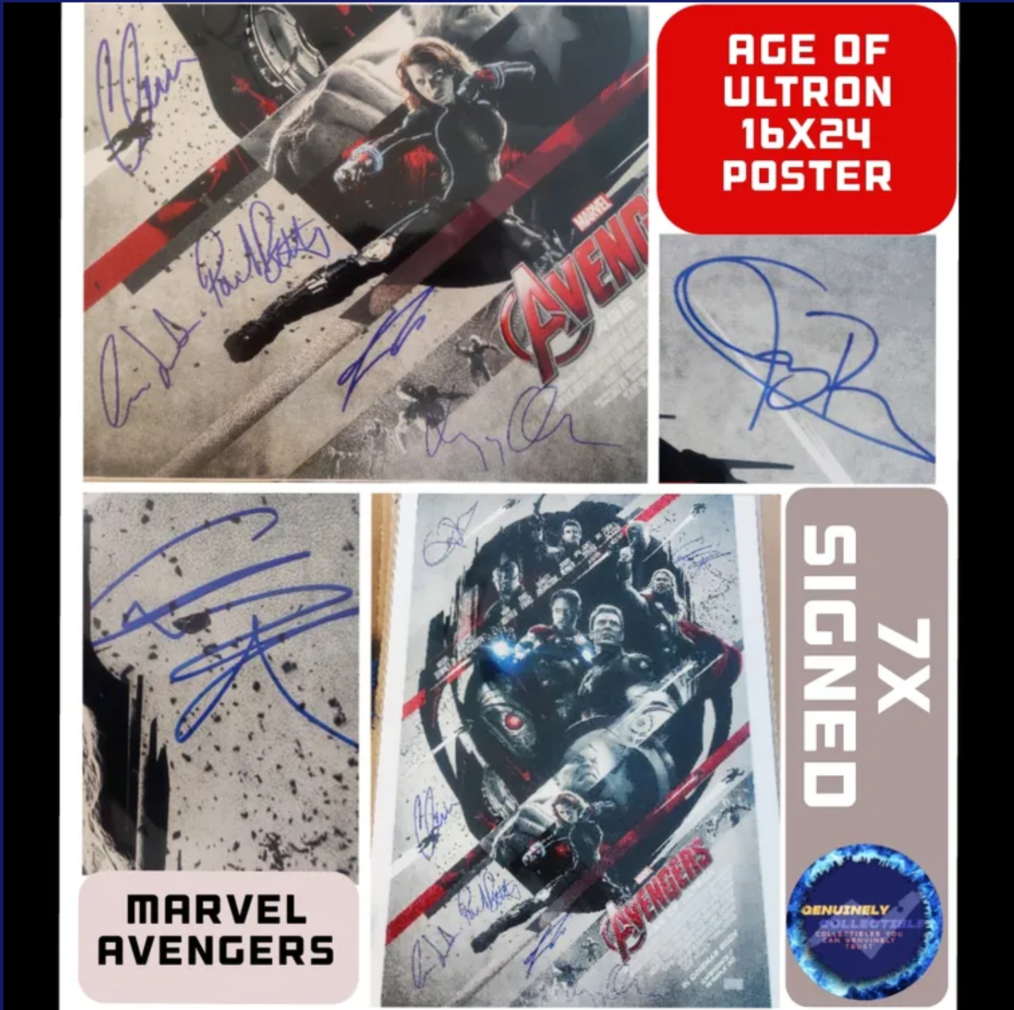 7x Signed Marvel Avengers: Age of Ultron 16x24 Poster! Chris Hemsworth, Chris Evans, Paul Bettany, Elizabeth Olsen, Cobie Smulders, Anthony Mackie and Jeremy Renner