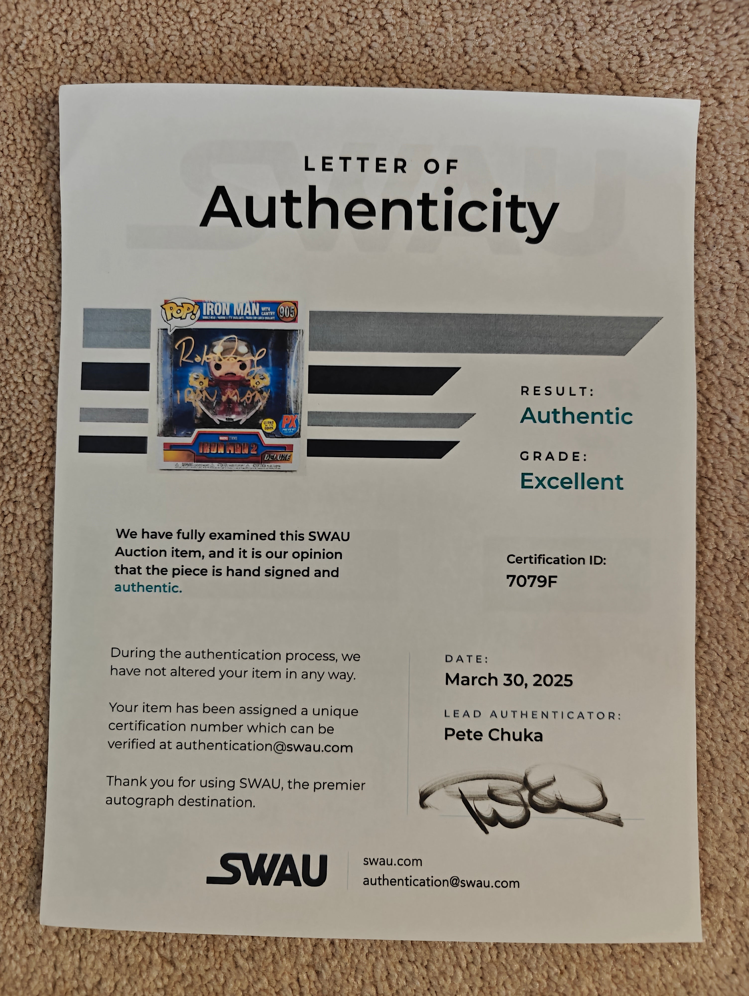 Robert Downey Jr. Signed Marvel Iron Man w. Gantry Deluxe 6in Funko Pop from Iron Man 2