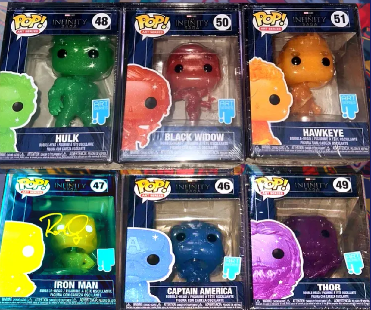 Robert Downey Jr Signed Funko Iron Man SWAU Marvel Art Series Infinity Saga Set (6 Funkos Total)