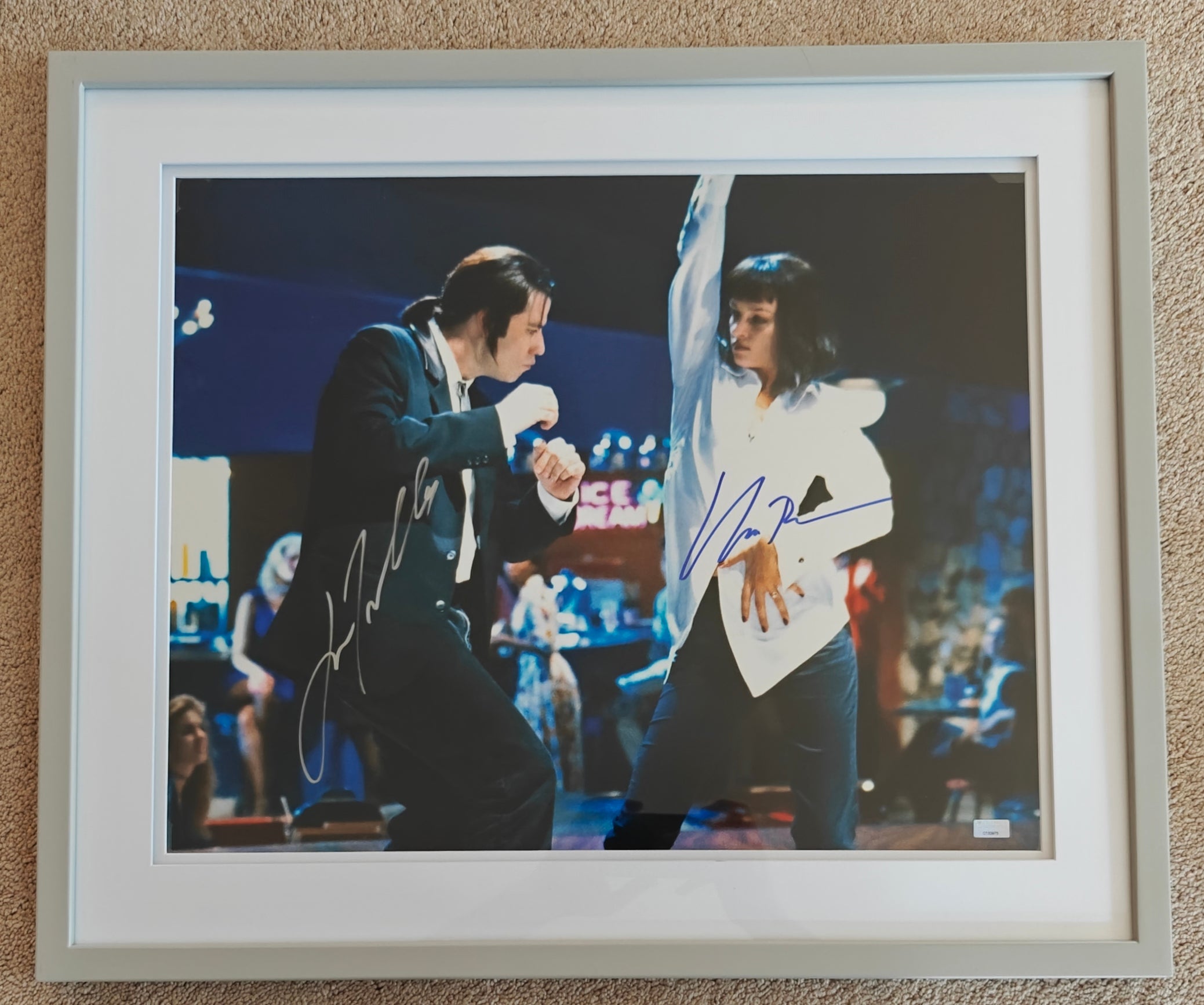 John Travolta & Uma Thurman Dual-Signed Pulp Fiction 16x20 “Jack Rabbit Slim’s Dance” Photo – Celebrity Authentics Verified | 20x24 Matted Wood & Glass Frame | Rare Iconic Collectible