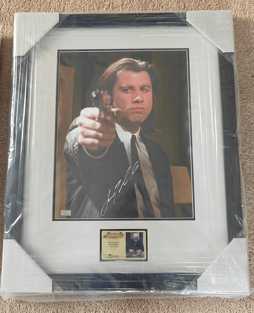 John Travolta Signed 11x14 Vincent Vega Pulp Fiction Photo in 18x22 Studio-Grade