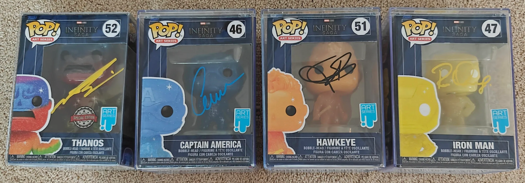 Robert Downey Jr, Chris Evans, Jeremy Renner, Josh Brolin 4x Signed Funko Pop Set Marvel Art Series Limited Edition