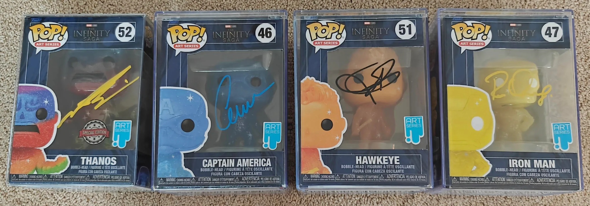 Robert Downey Jr, Chris Evans, Jeremy Renner, Josh Brolin 4x Signed Funko Pop Set Marvel Art Series Limited Edition