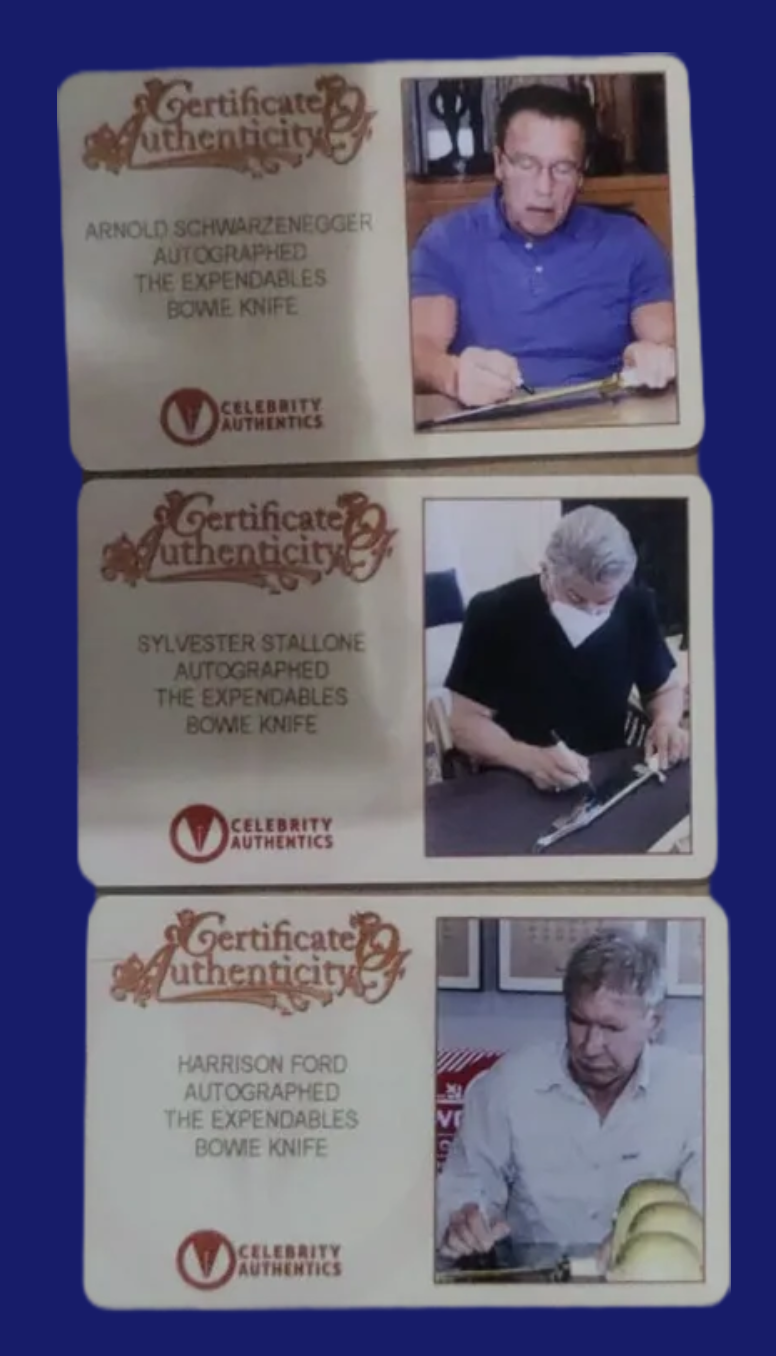 Stallone, Ford, Schwarzenegger, Gibson, Lundgren 5x Signed Gil Hibben The Expendables Bowie Knife Set