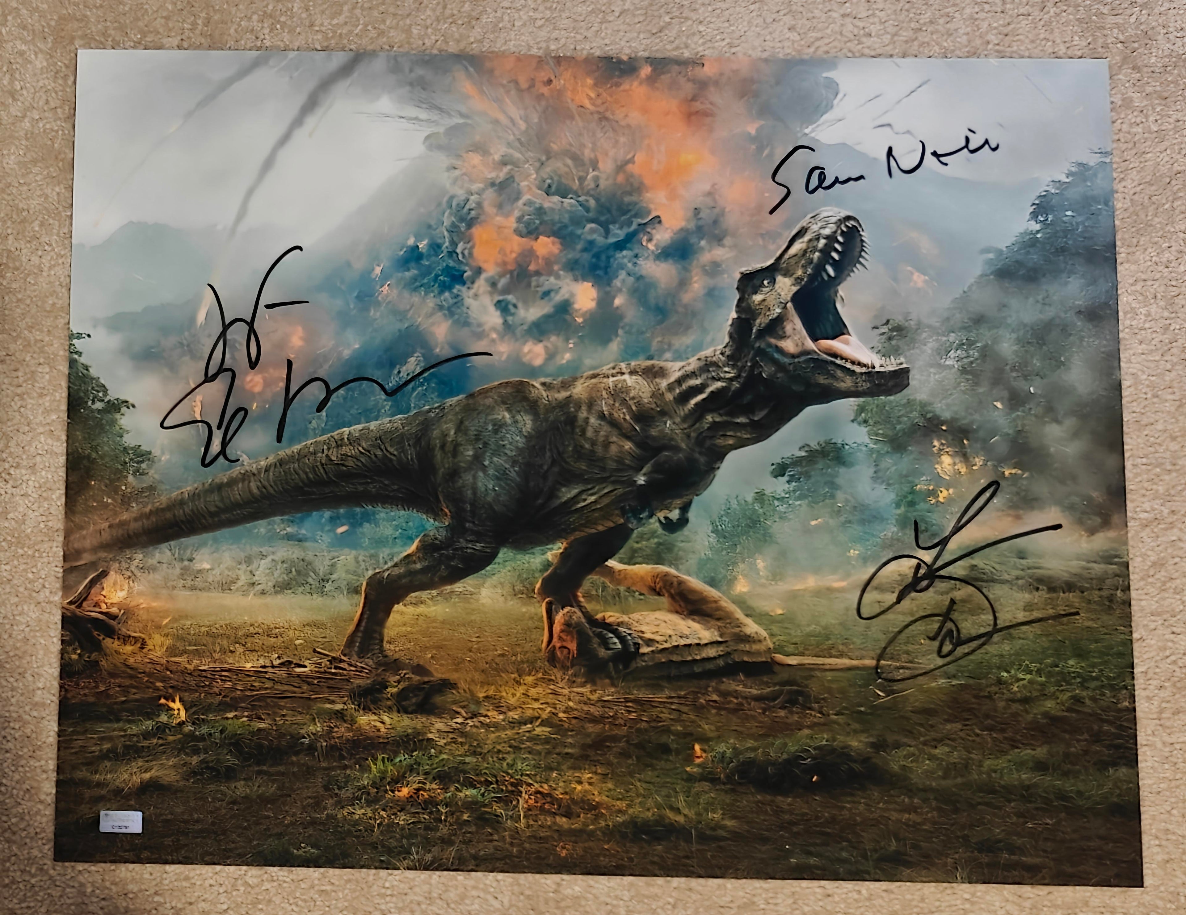 Sam Neill, Laura Dern, Jeff Goldblum Signed 16x20 Jurassic Park Photo