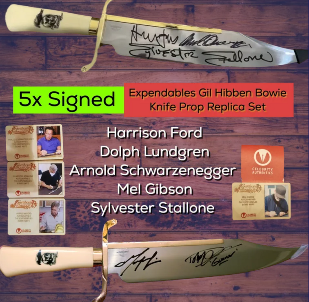 Stallone, Ford, Schwarzenegger, Gibson, Lundgren 5x Signed Gil Hibben The Expendables Bowie Knife Set
