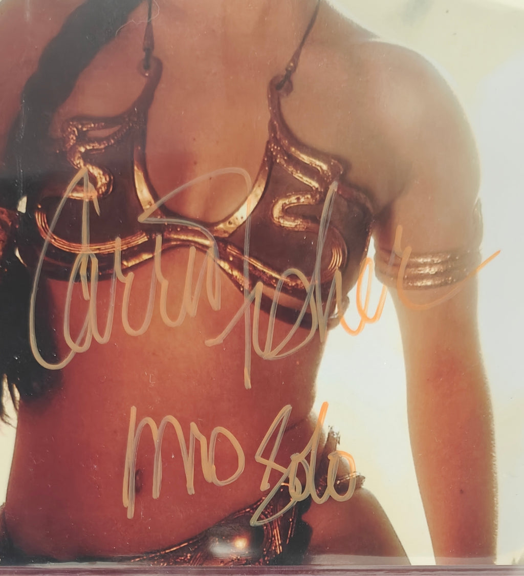 Carrie Fisher Signed w. Rare Inscription 8x10 Star Wars Slave Leia Photo - Beckett Encapsulated